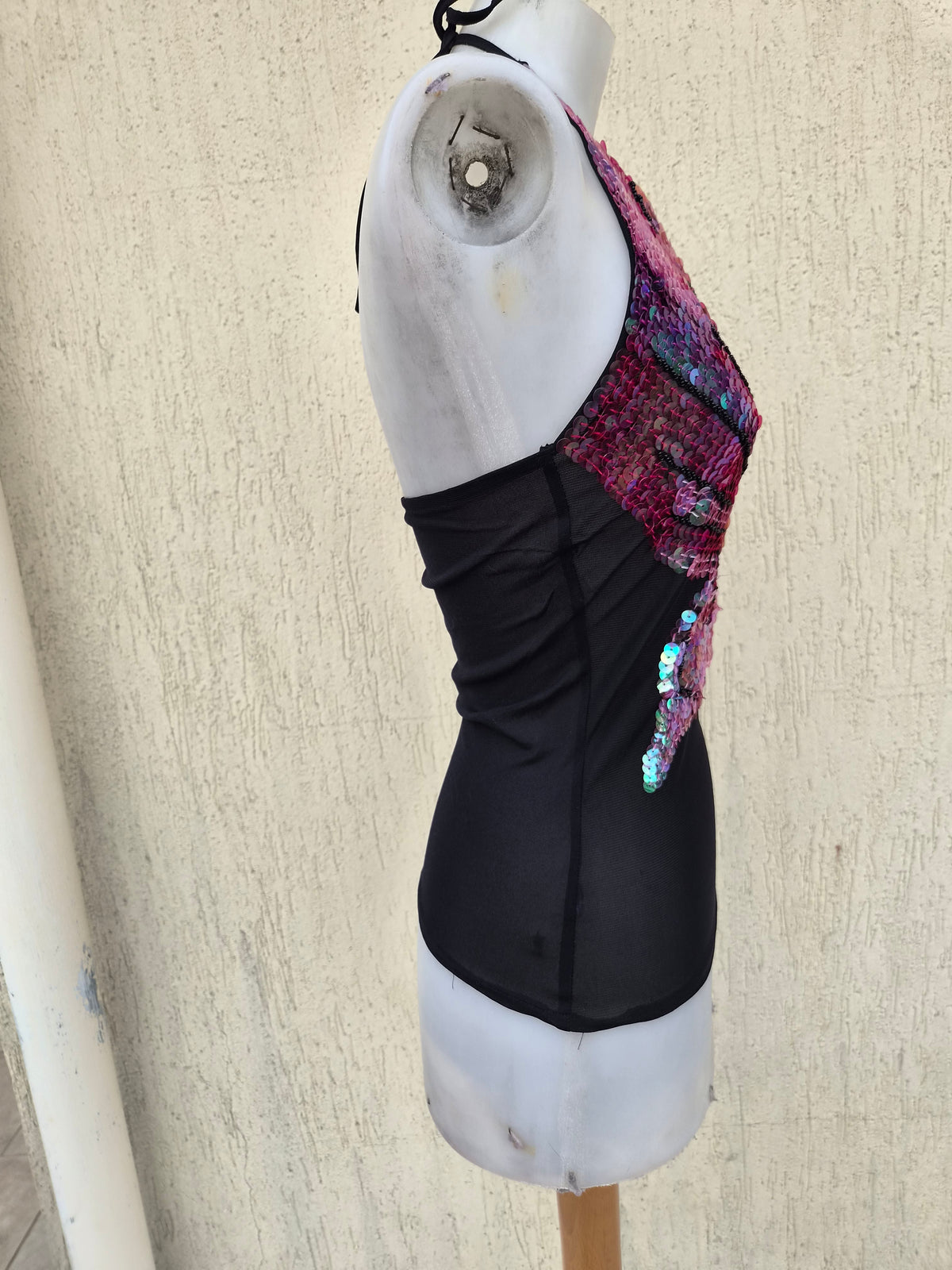 Black sequin butterfly backless top