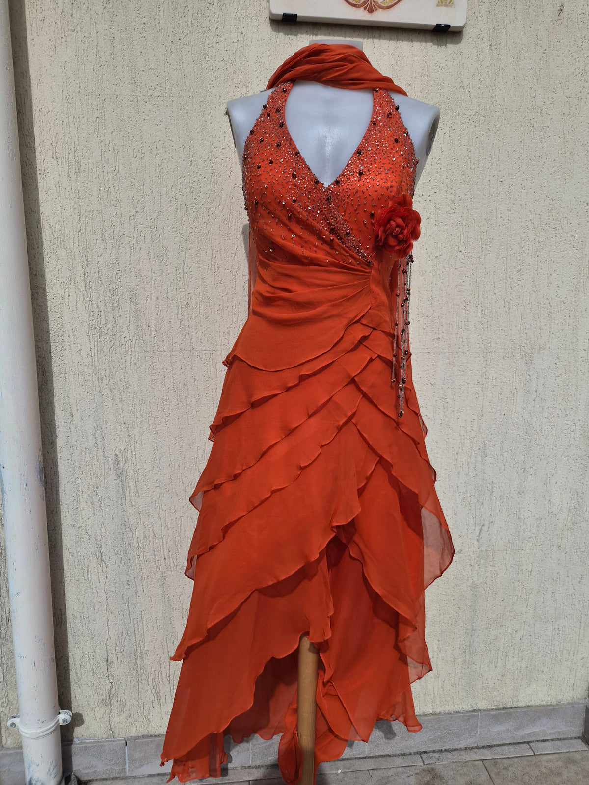 Embroidered orange silk dress