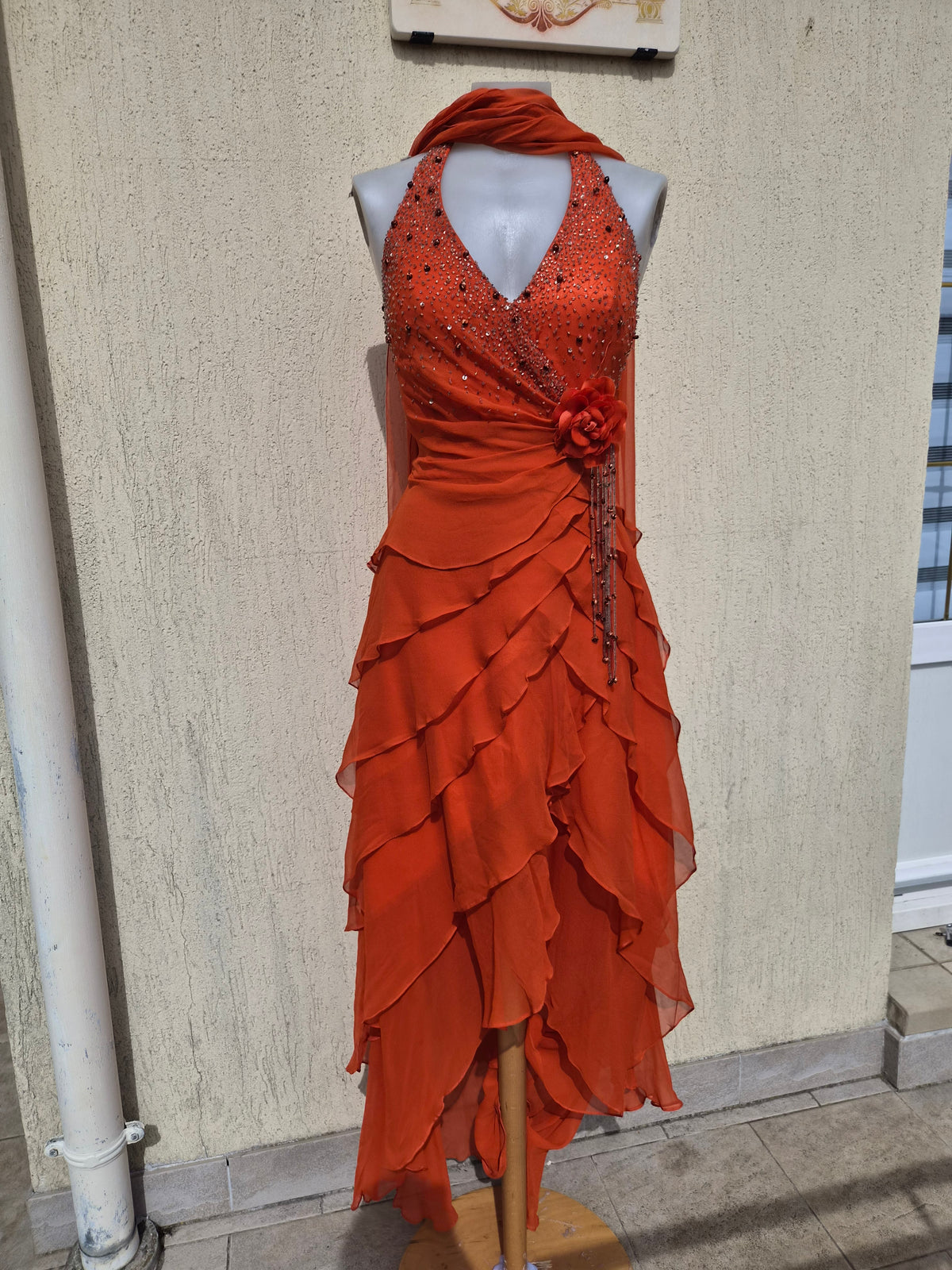 Embroidered orange silk dress