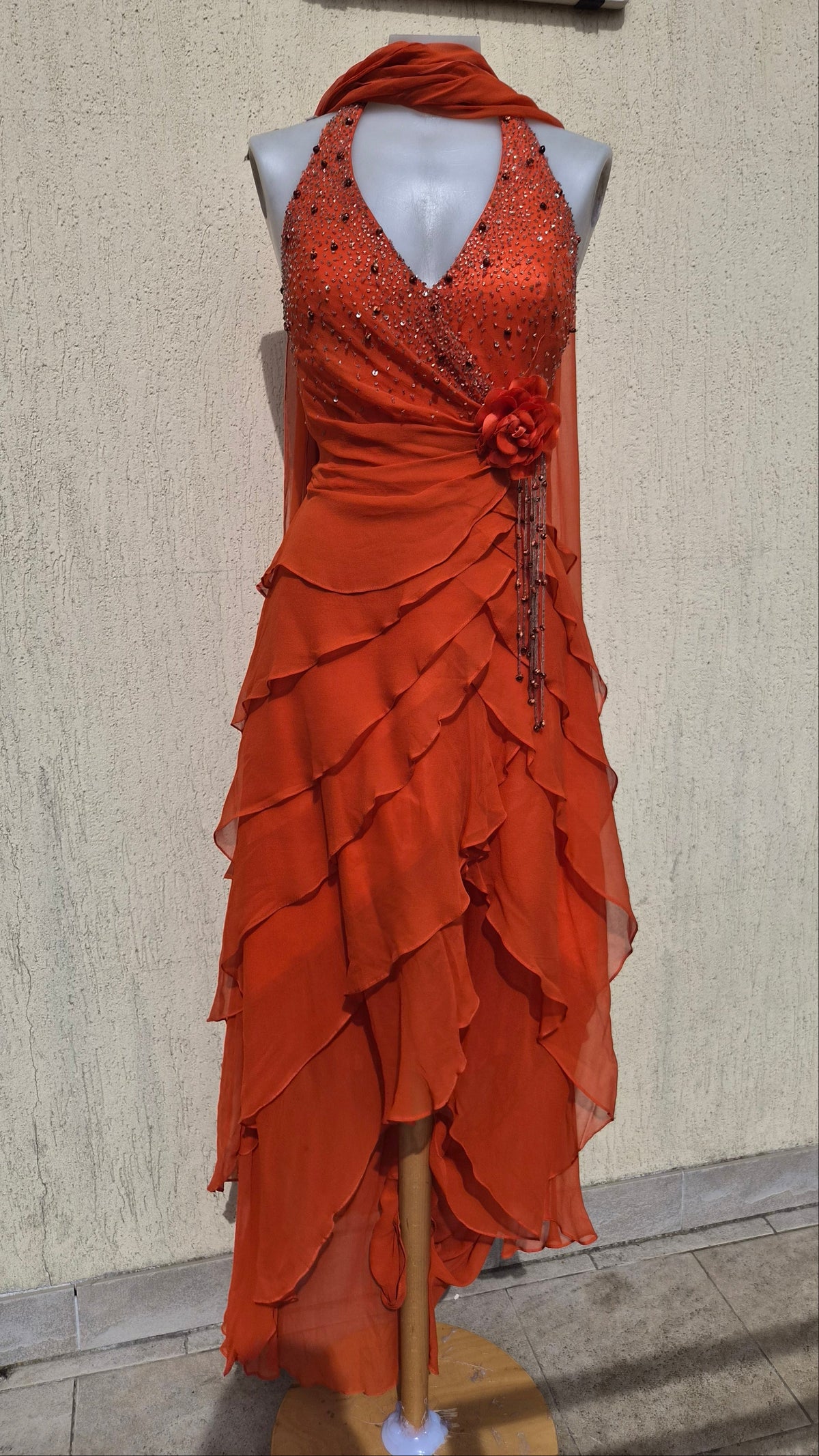 Embroidered orange silk dress