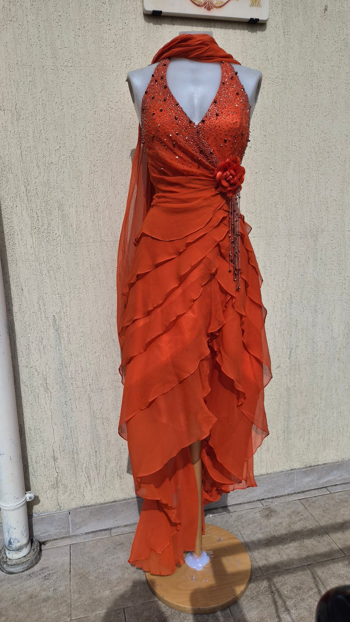 Embroidered orange silk dress