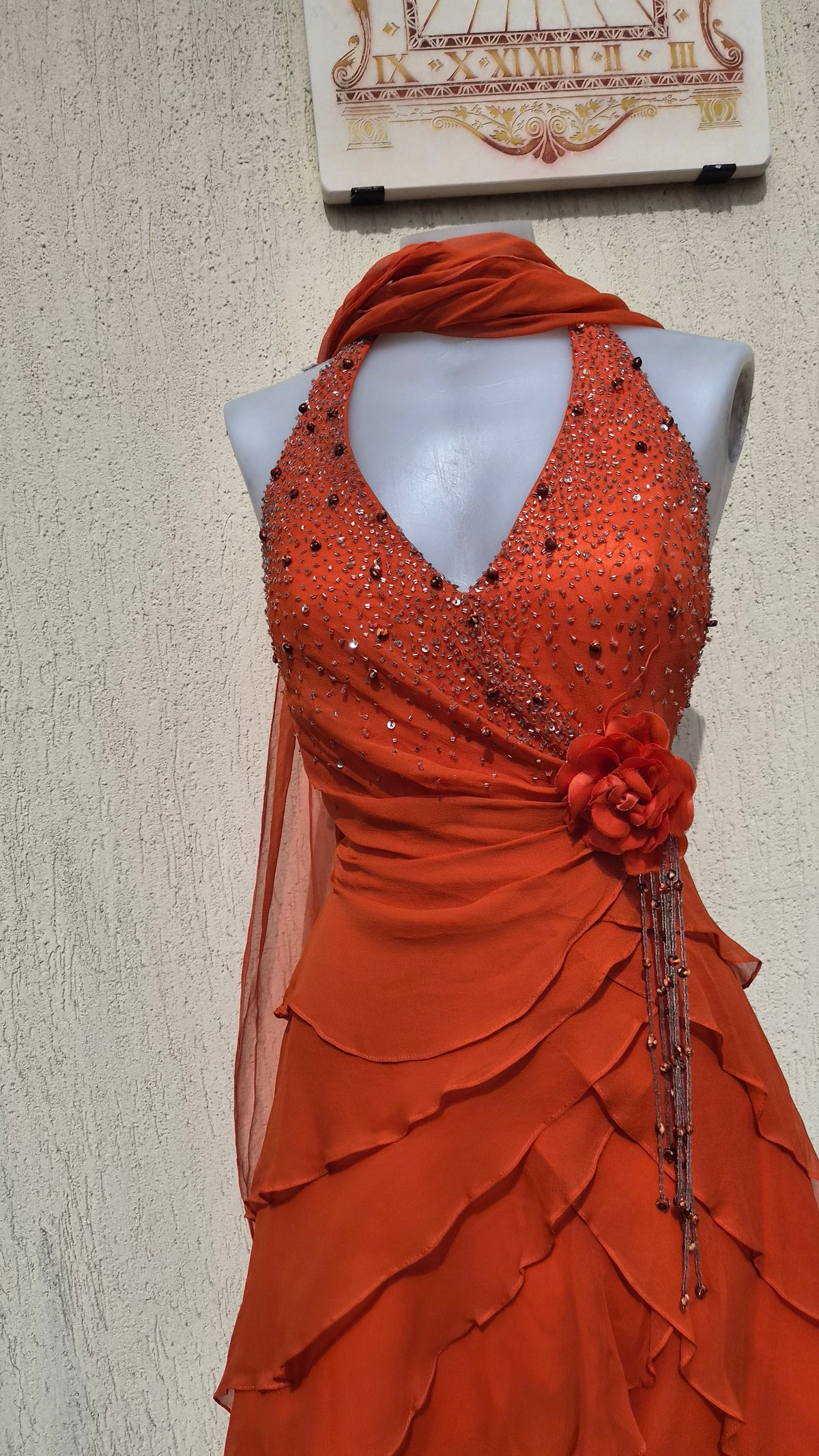 Embroidered orange silk dress