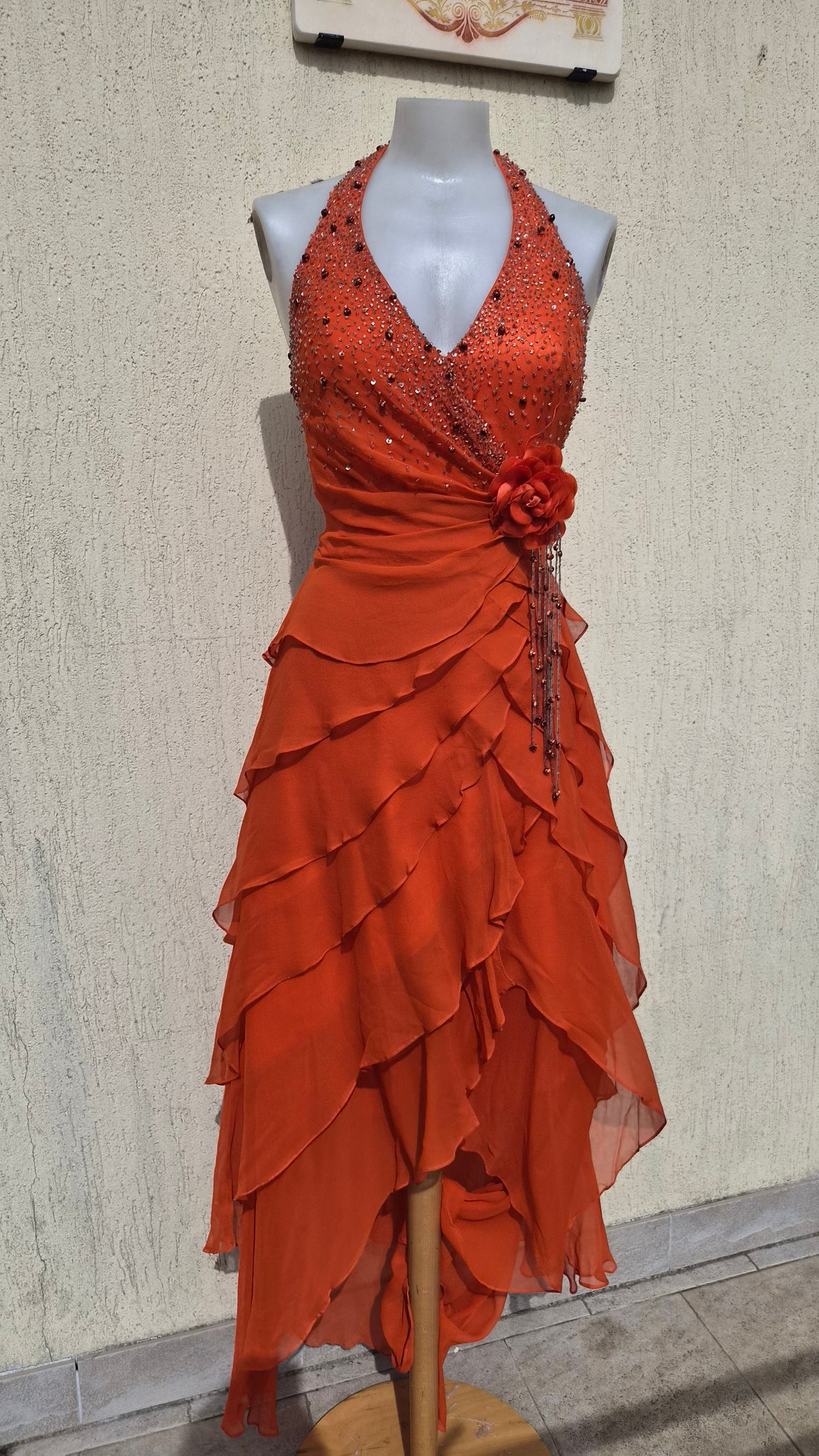 Embroidered orange silk dress