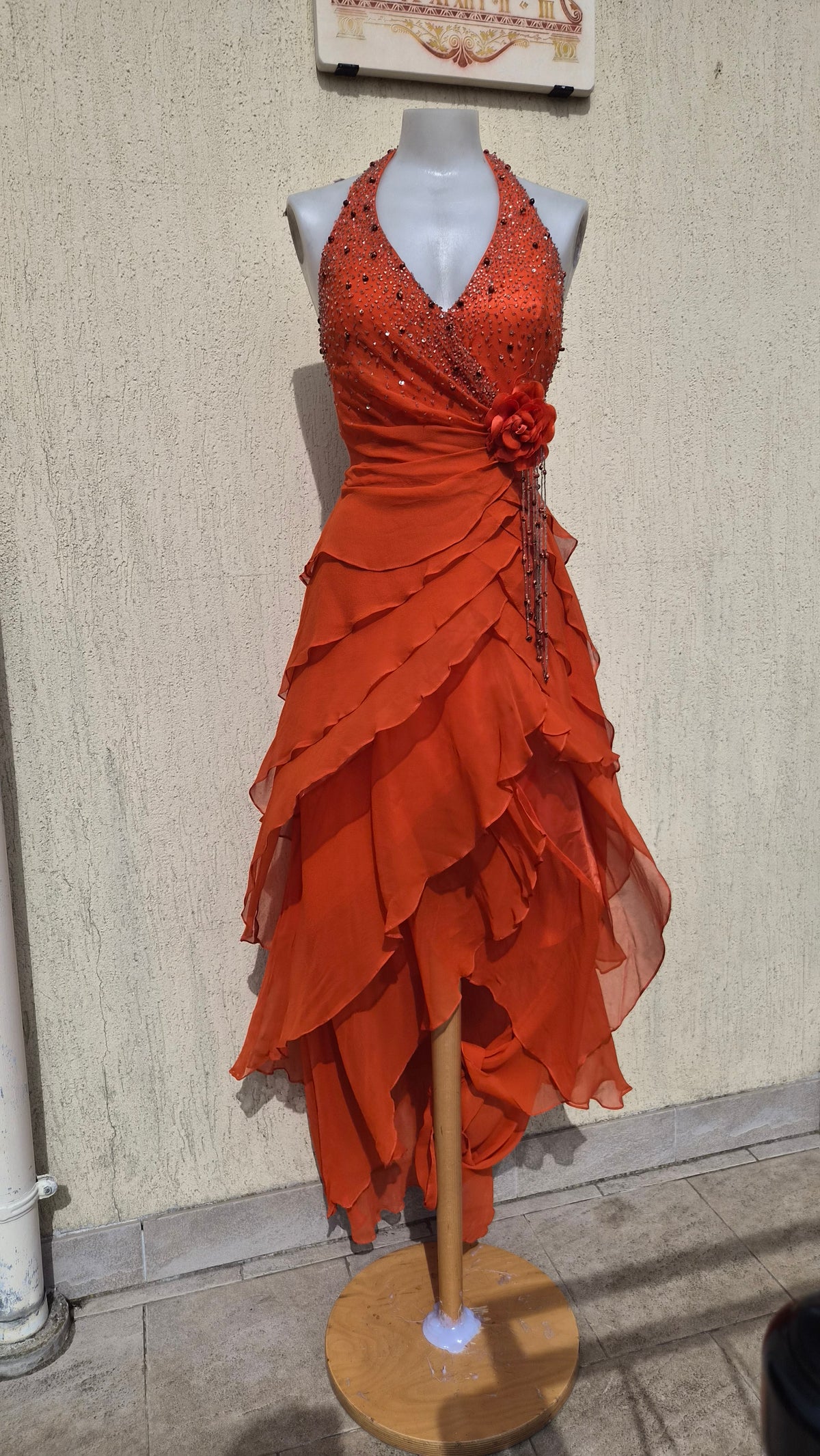 Embroidered orange silk dress