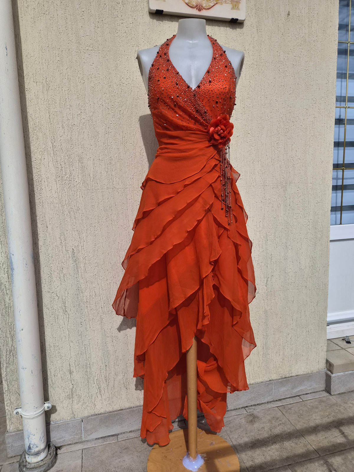 Embroidered orange silk dress