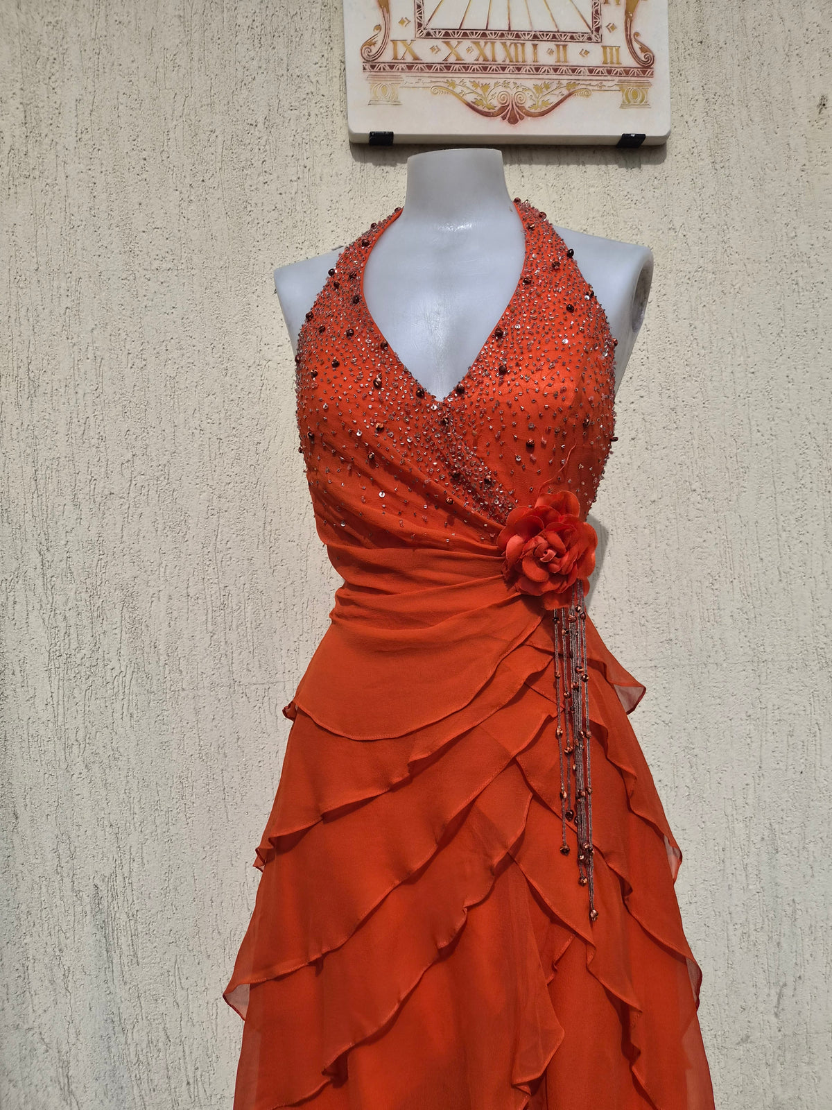 Embroidered orange silk dress