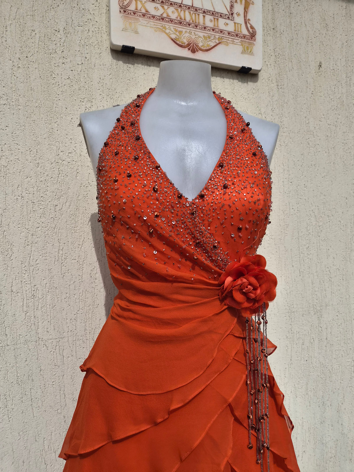 Embroidered orange silk dress
