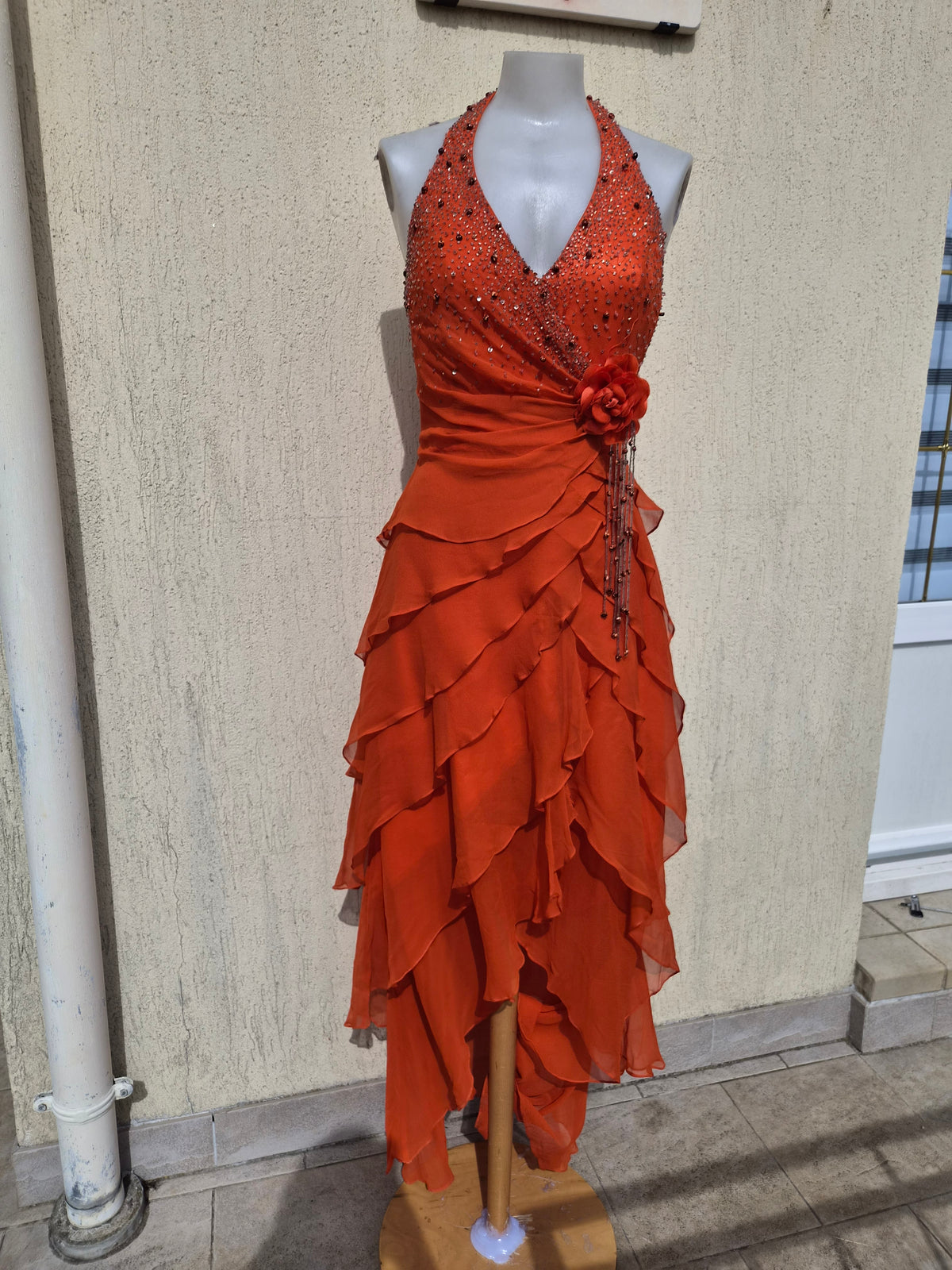 Embroidered orange silk dress