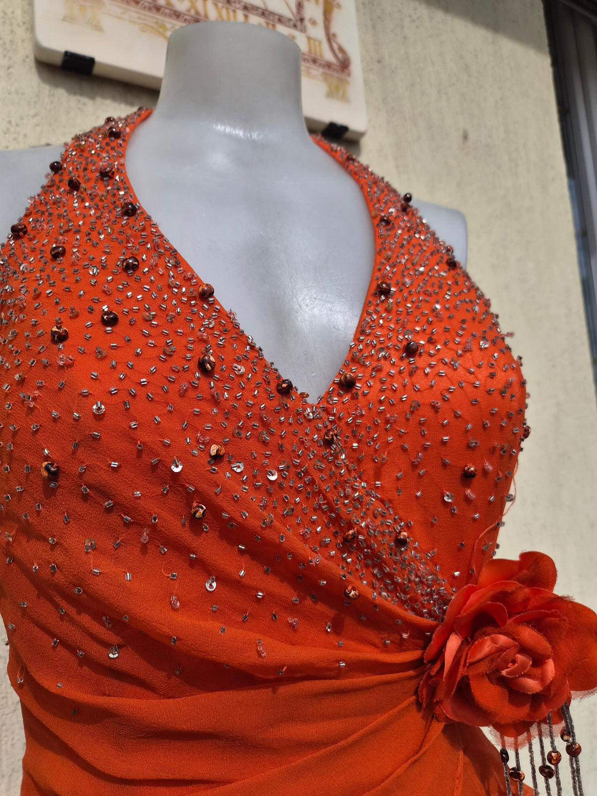 Embroidered orange silk dress