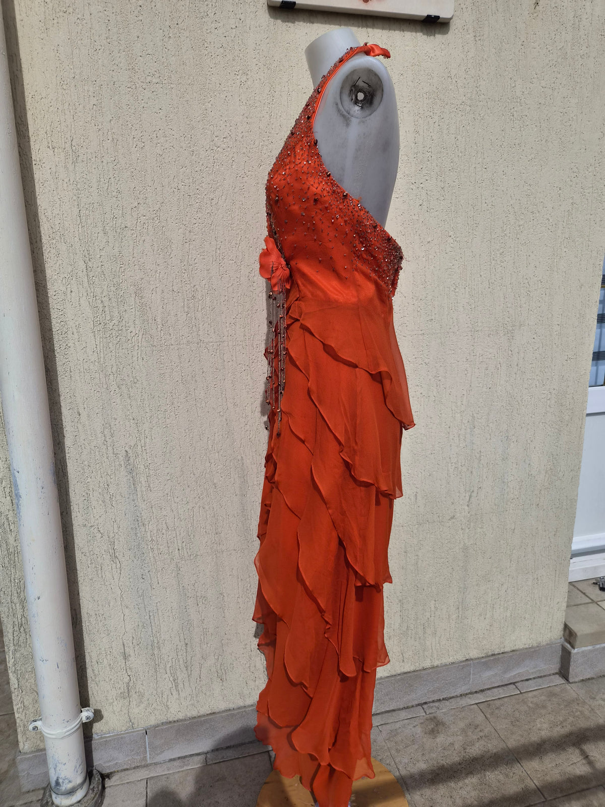 Embroidered orange silk dress
