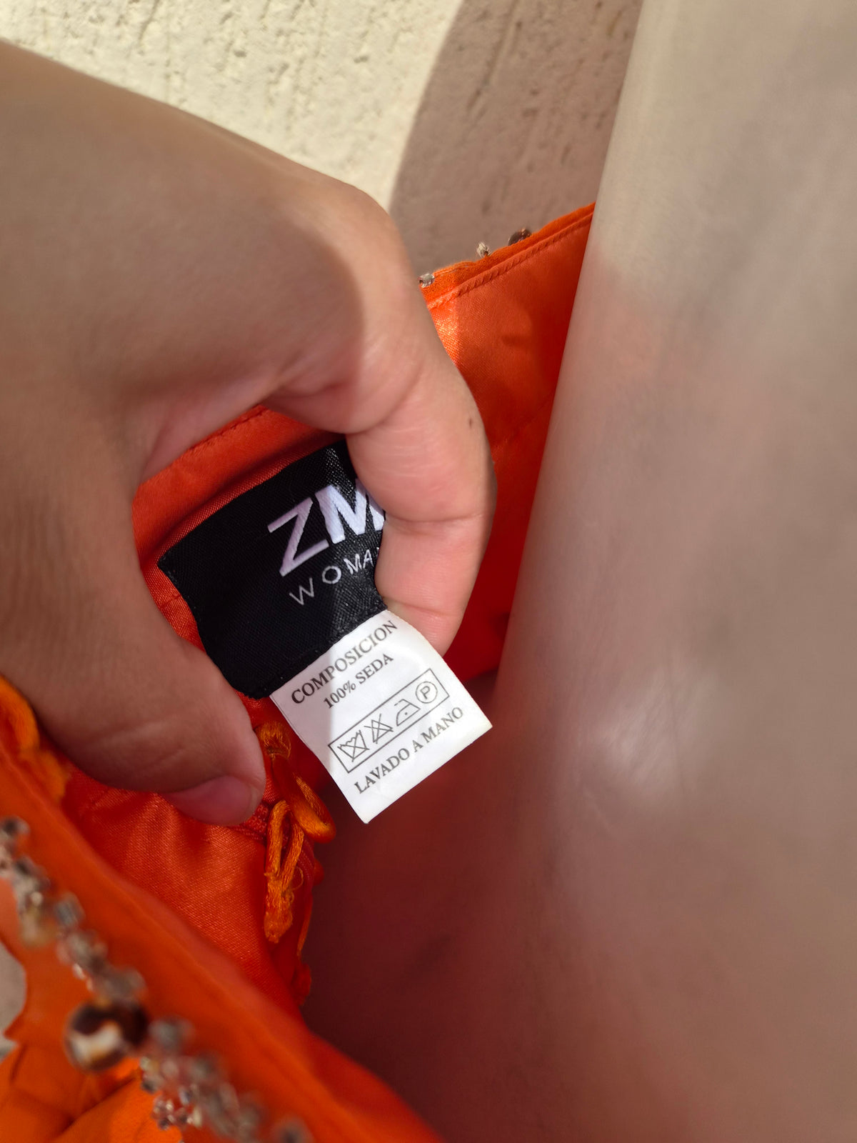 Embroidered orange silk dress