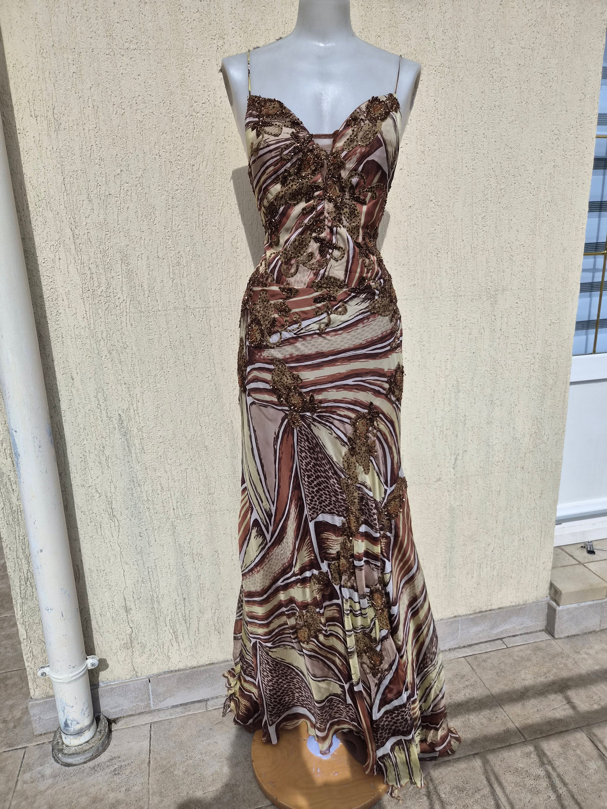 Beige and brown embroidered silk dress
