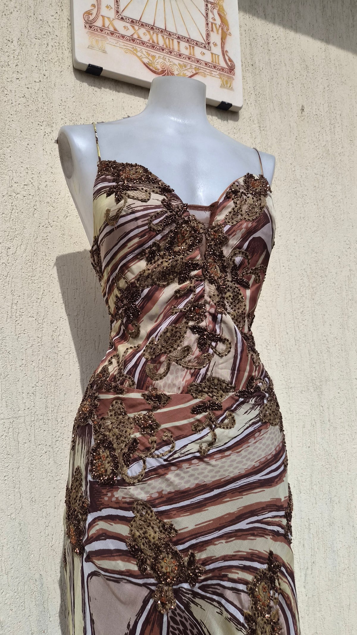 Beige and brown embroidered silk dress