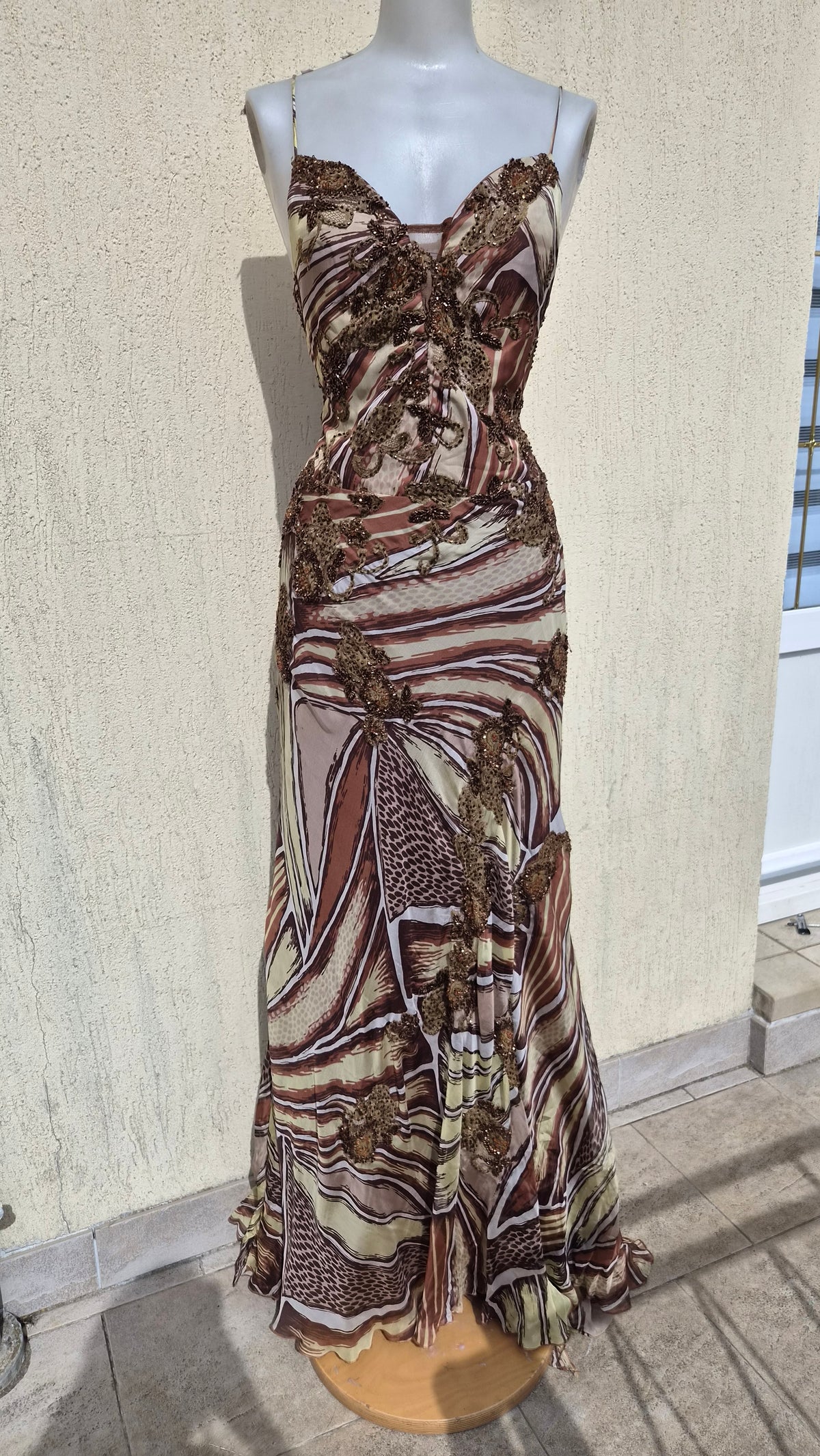 Beige and brown embroidered silk dress
