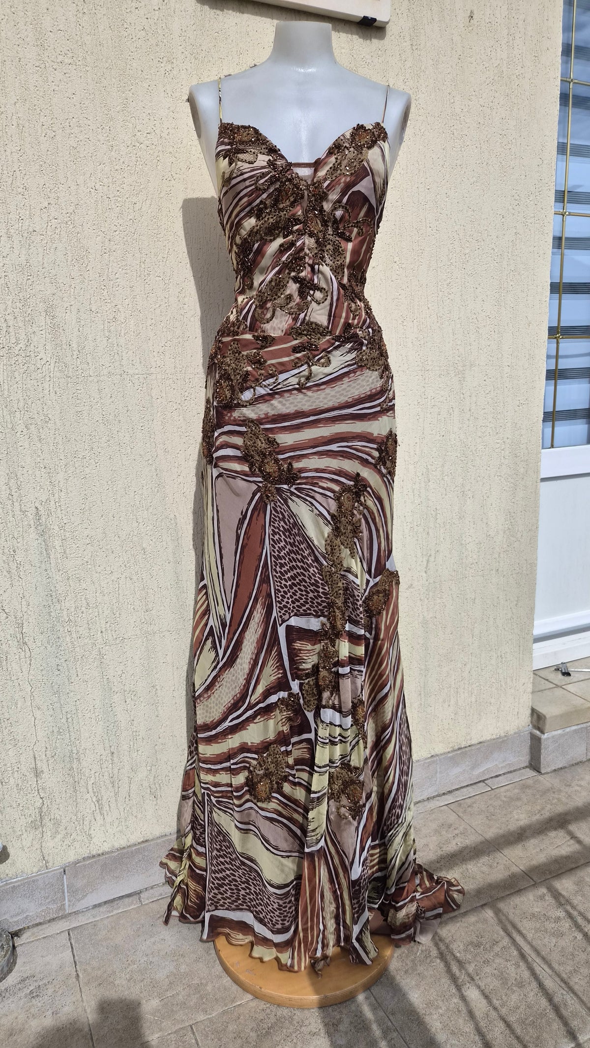 Beige and brown embroidered silk dress