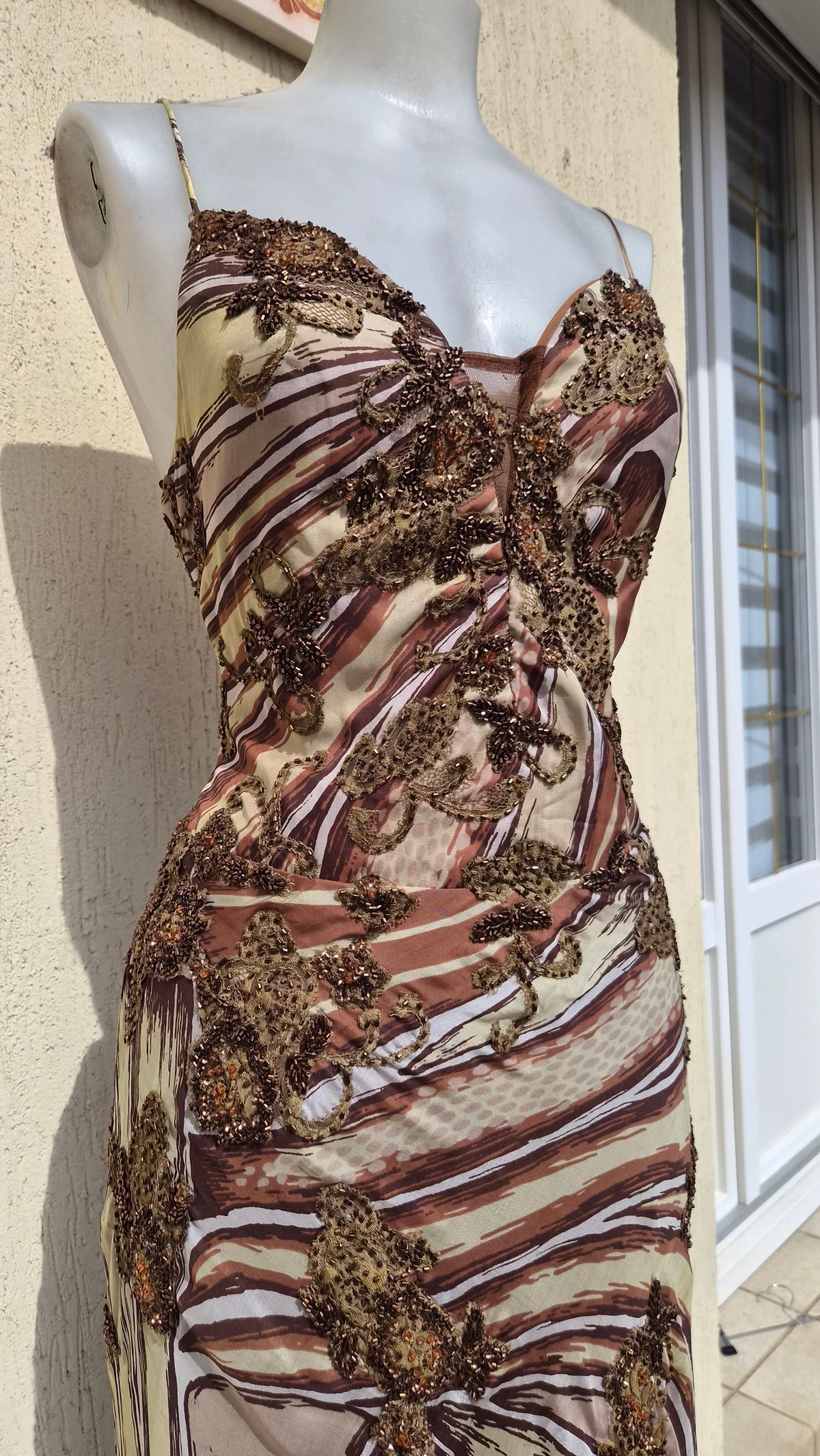 Beige and brown embroidered silk dress