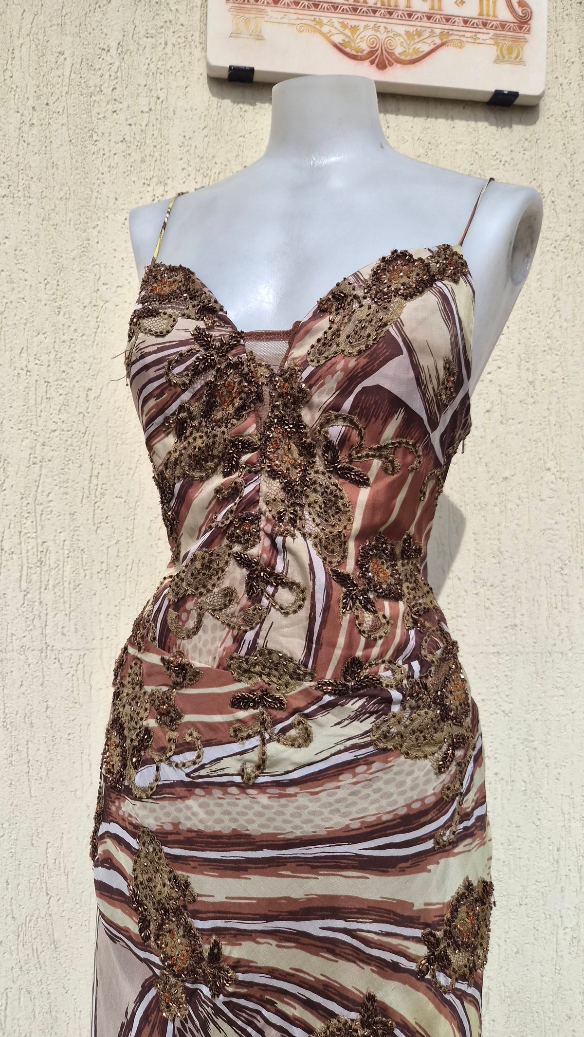 Beige and brown embroidered silk dress