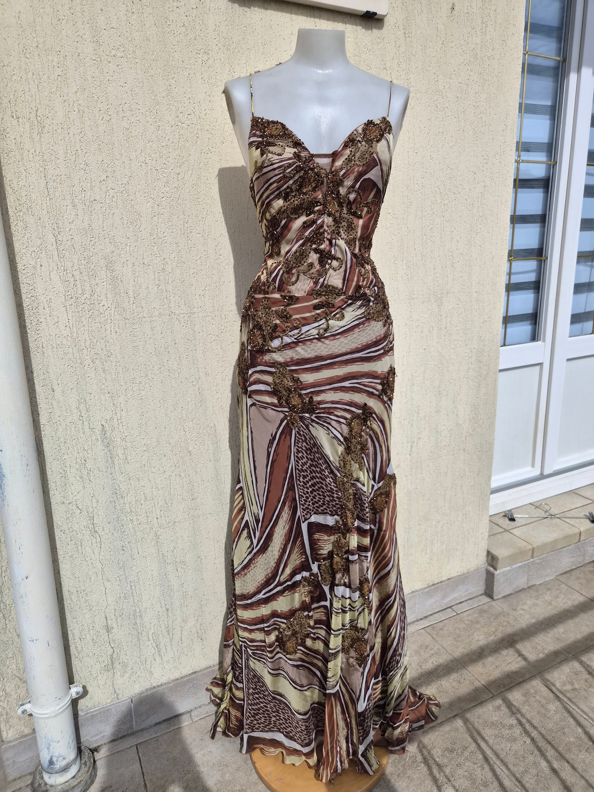 Beige and brown embroidered silk dress