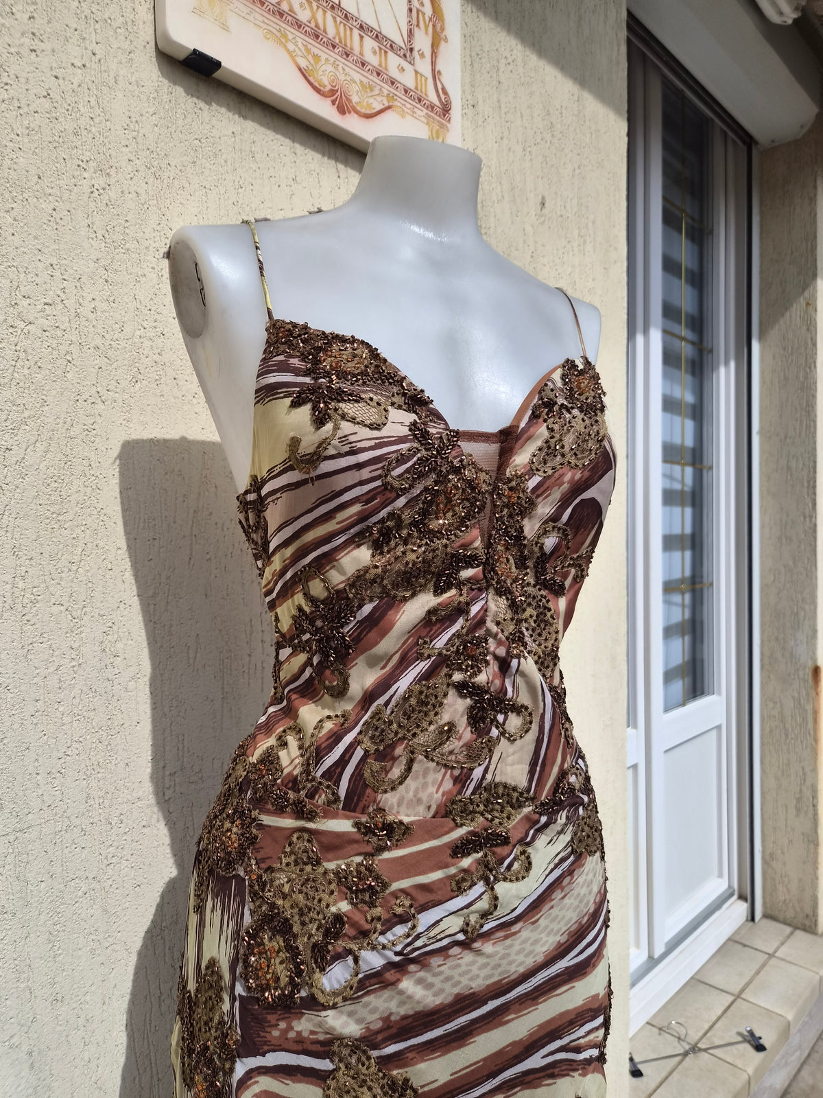 Beige and brown embroidered silk dress