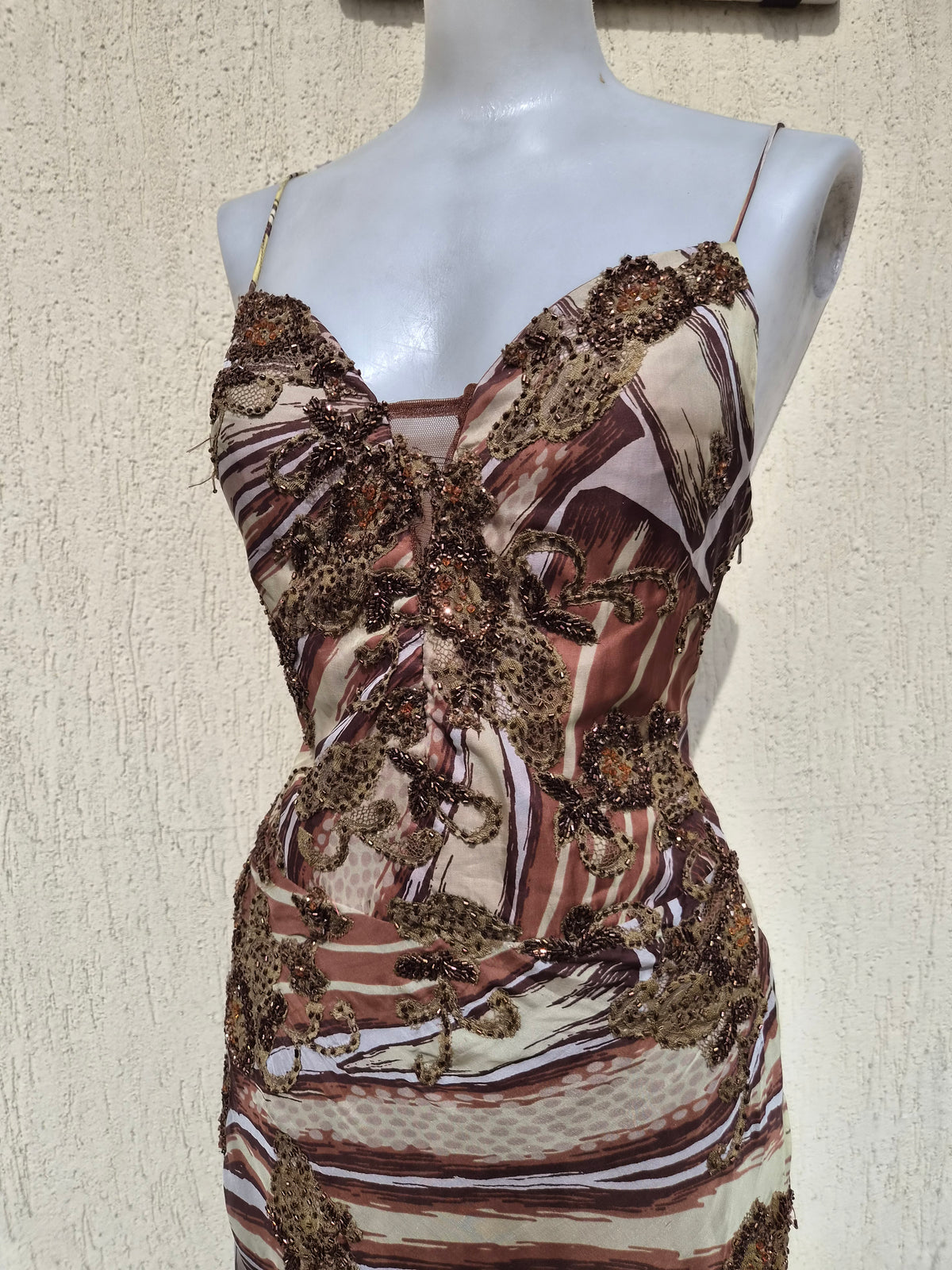 Beige and brown embroidered silk dress