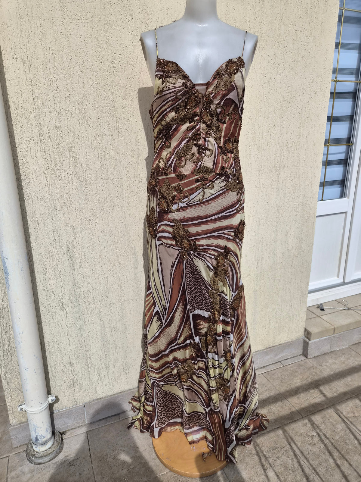 Beige and brown embroidered silk dress