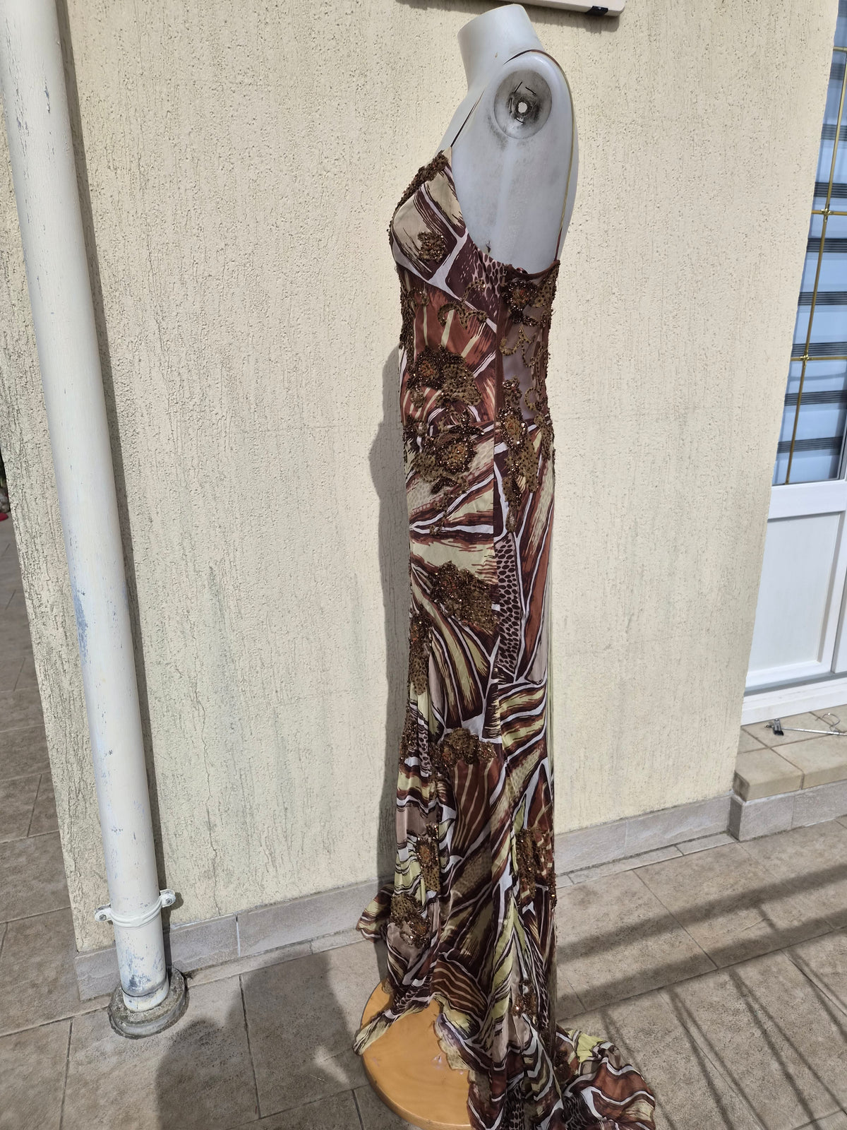 Beige and brown embroidered silk dress