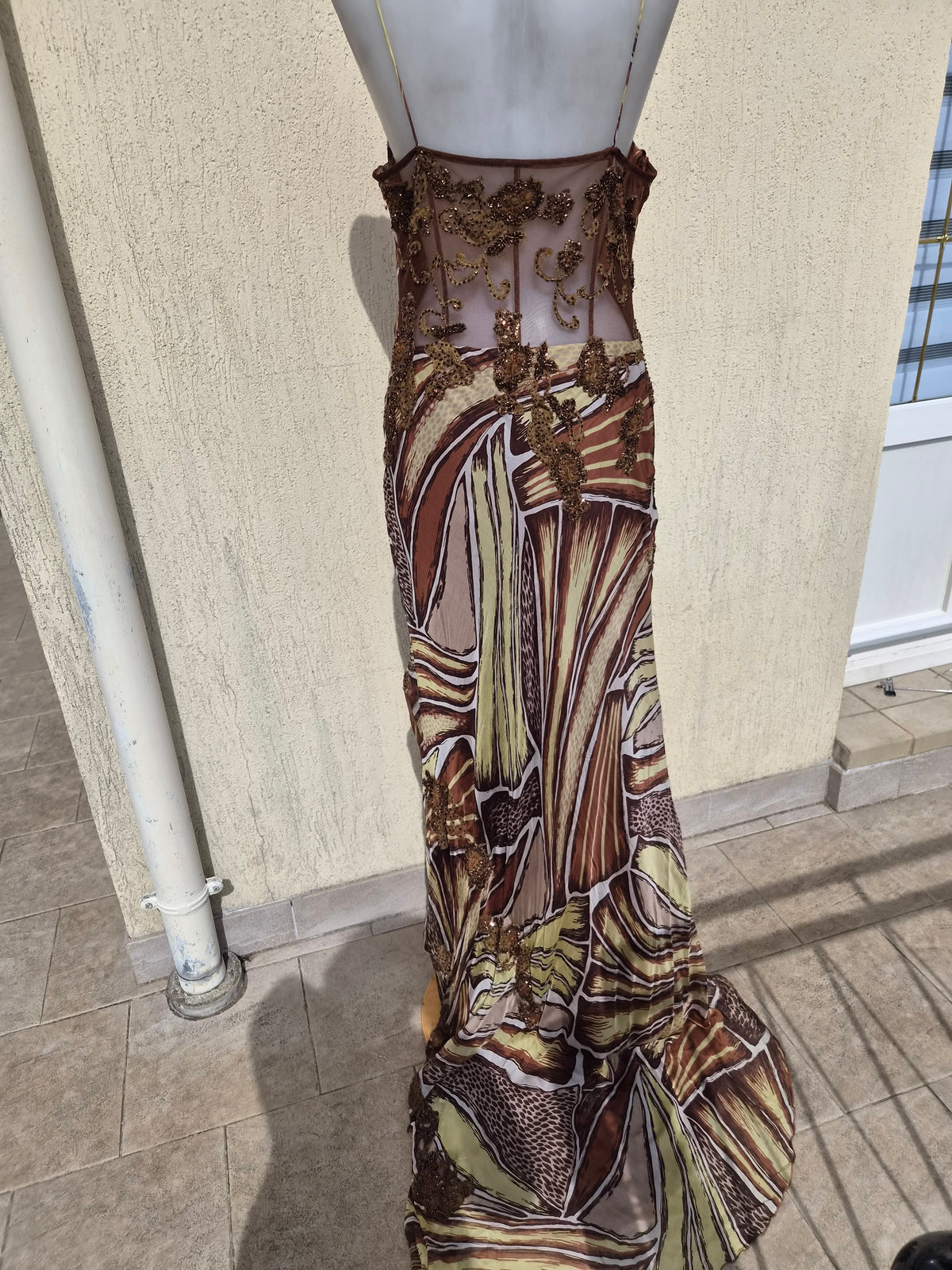Beige and brown embroidered silk dress