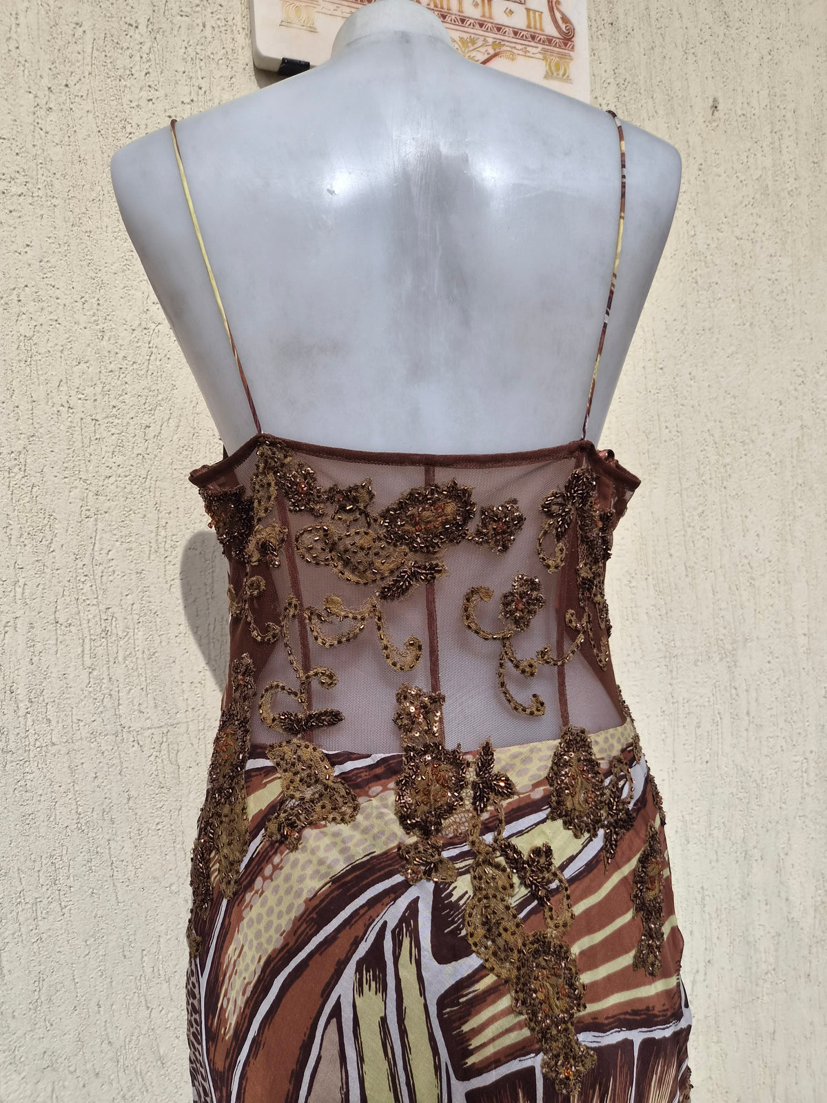 Beige and brown embroidered silk dress