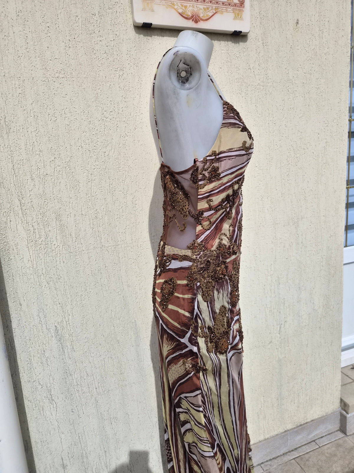 Beige and brown embroidered silk dress