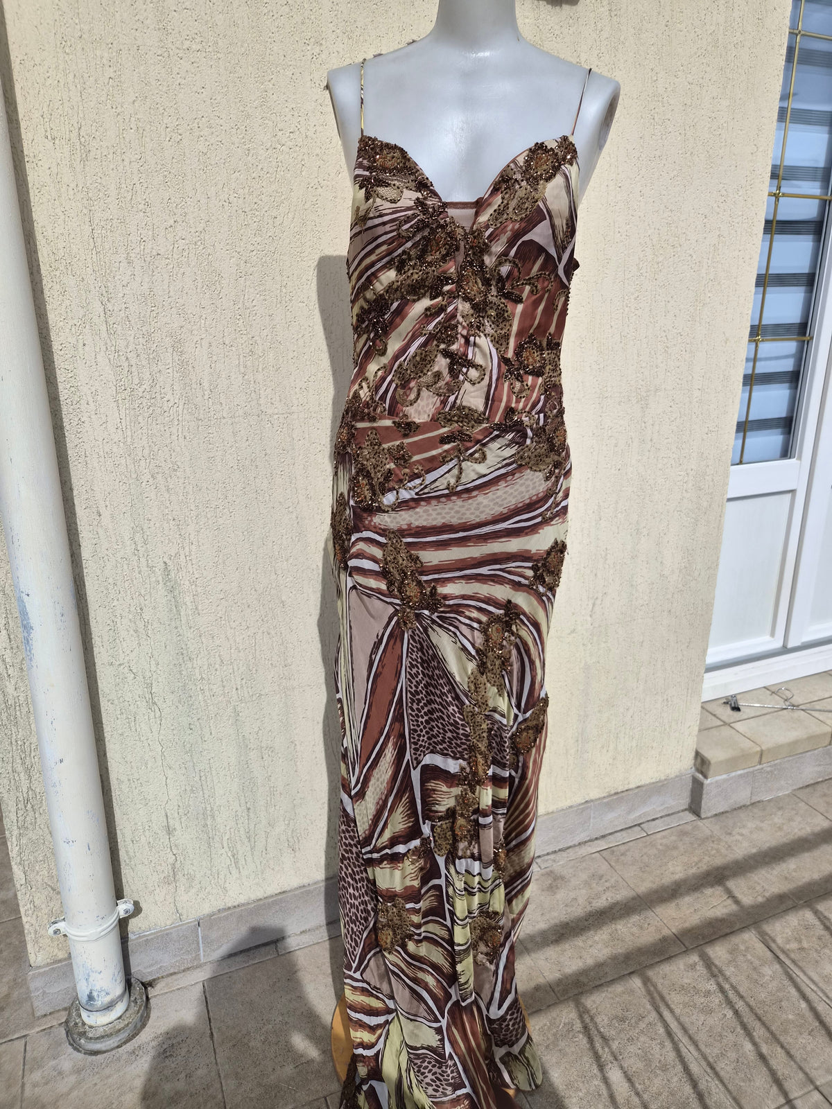 Beige and brown embroidered silk dress
