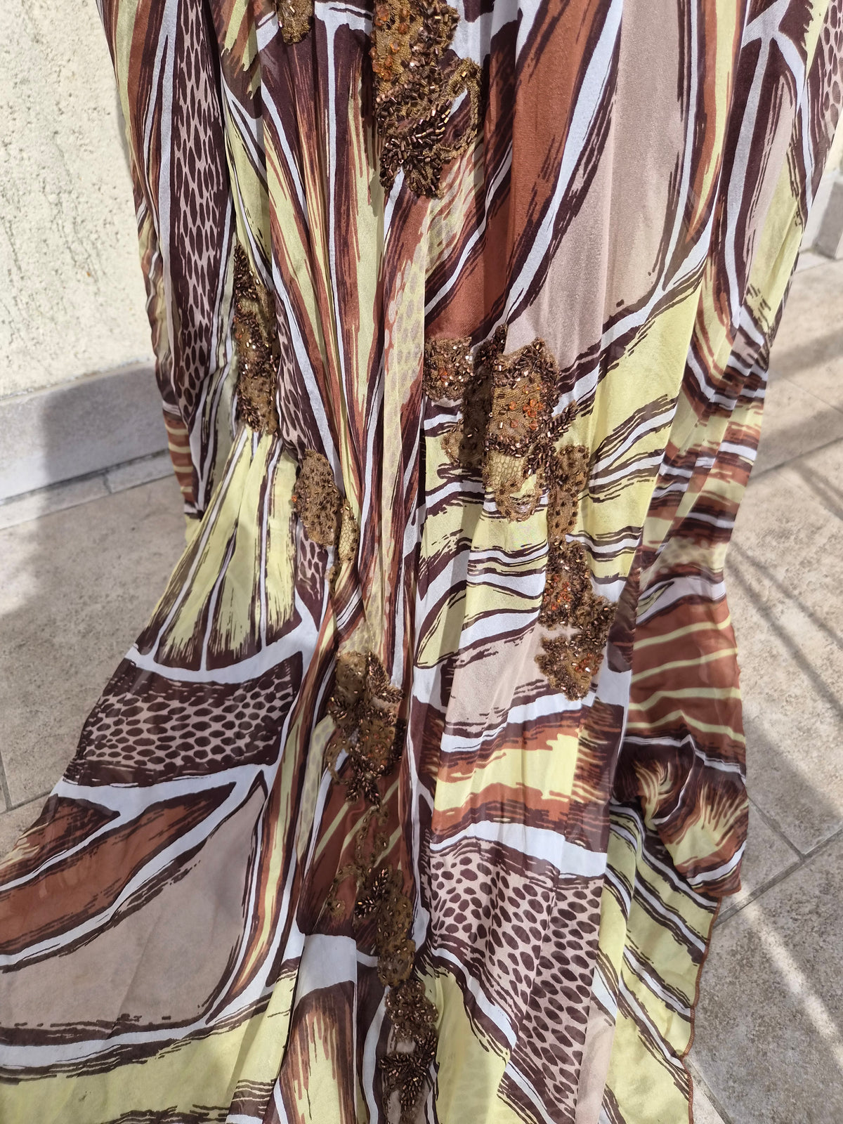 Beige and brown embroidered silk dress