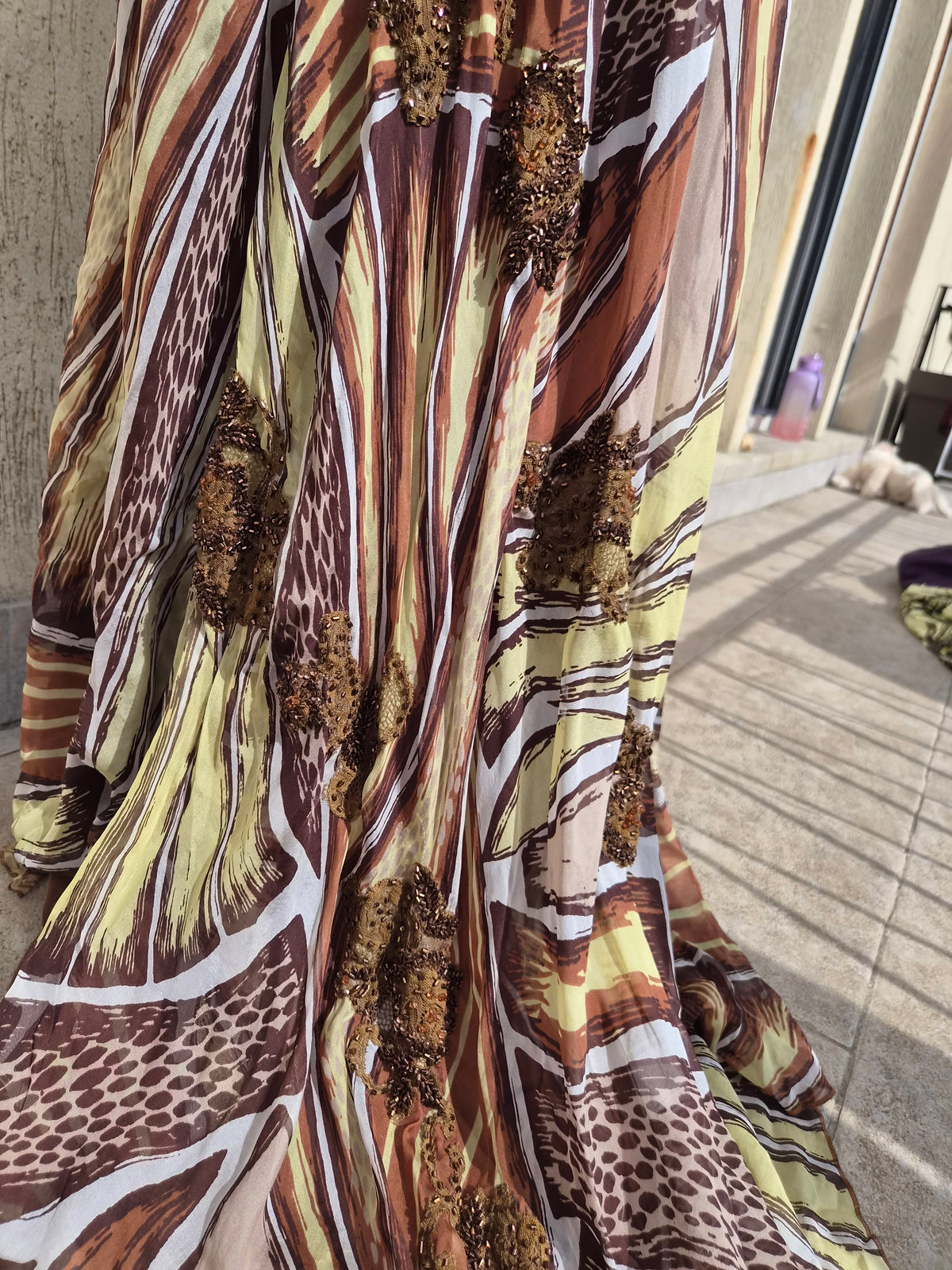 Beige and brown embroidered silk dress