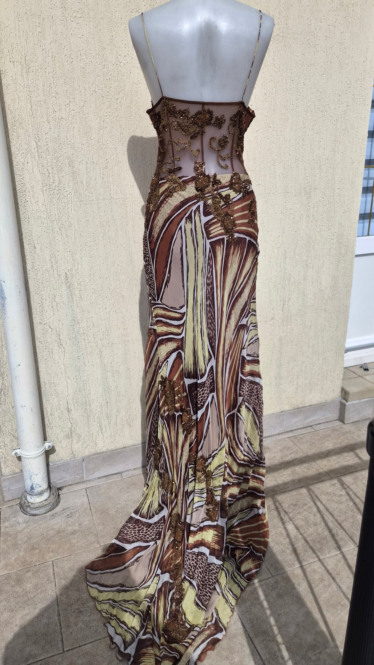 Beige and brown embroidered silk dress