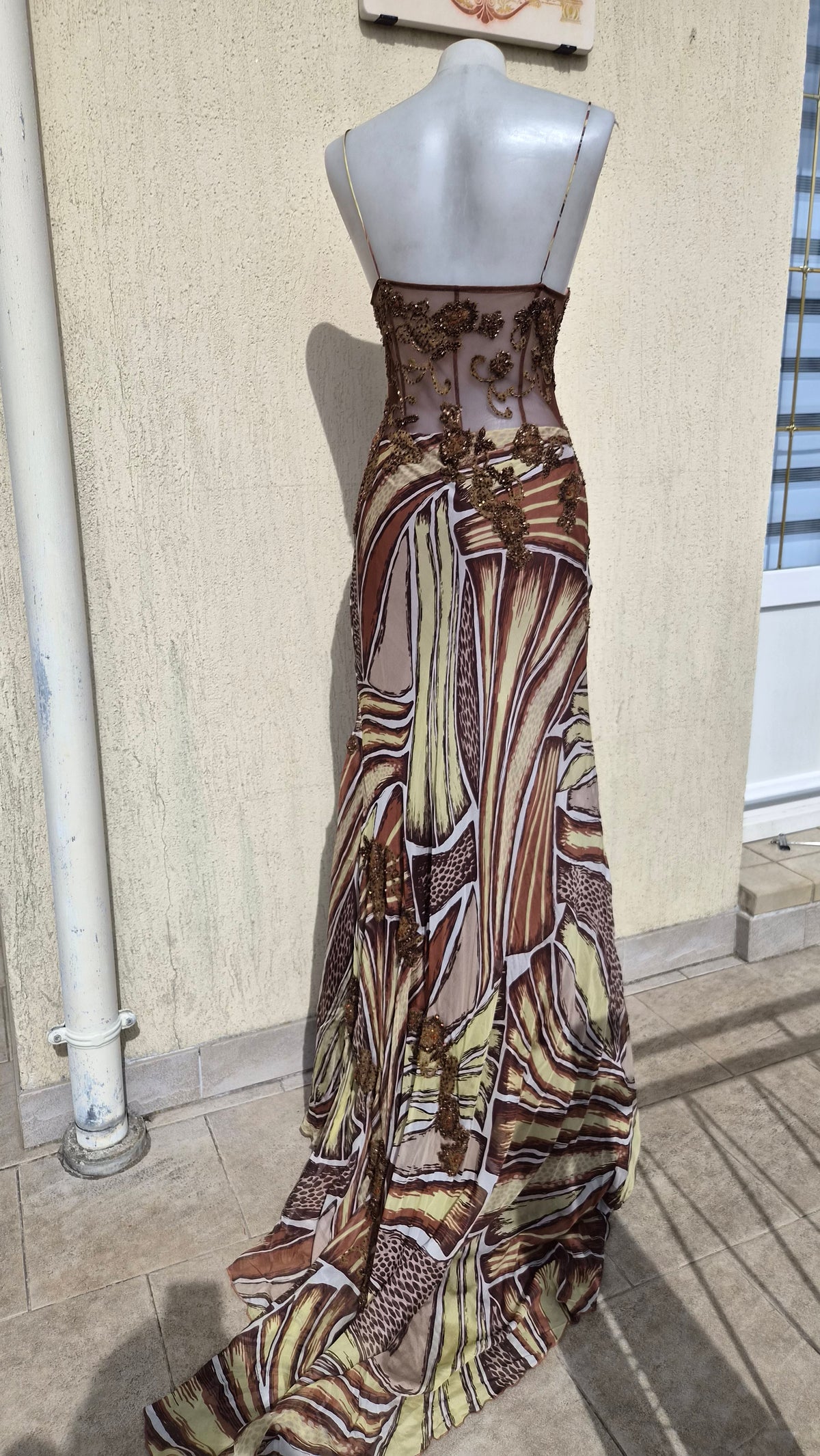 Beige and brown embroidered silk dress