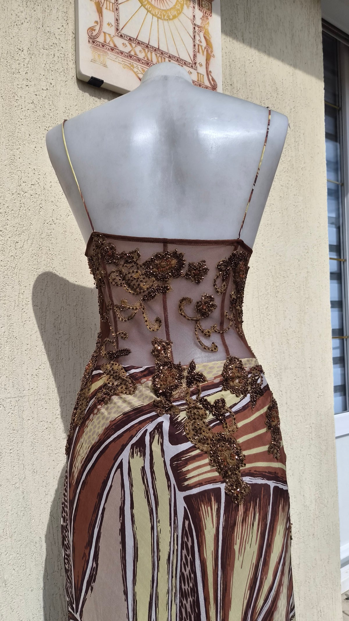 Beige and brown embroidered silk dress