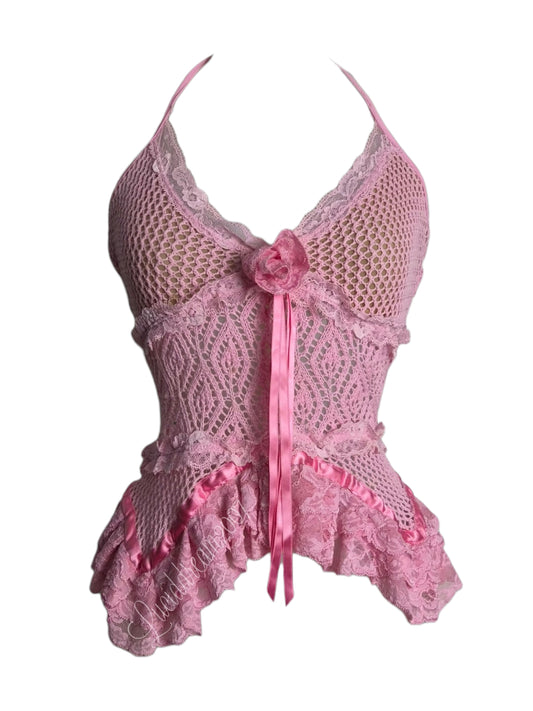 Pink mesh backless top