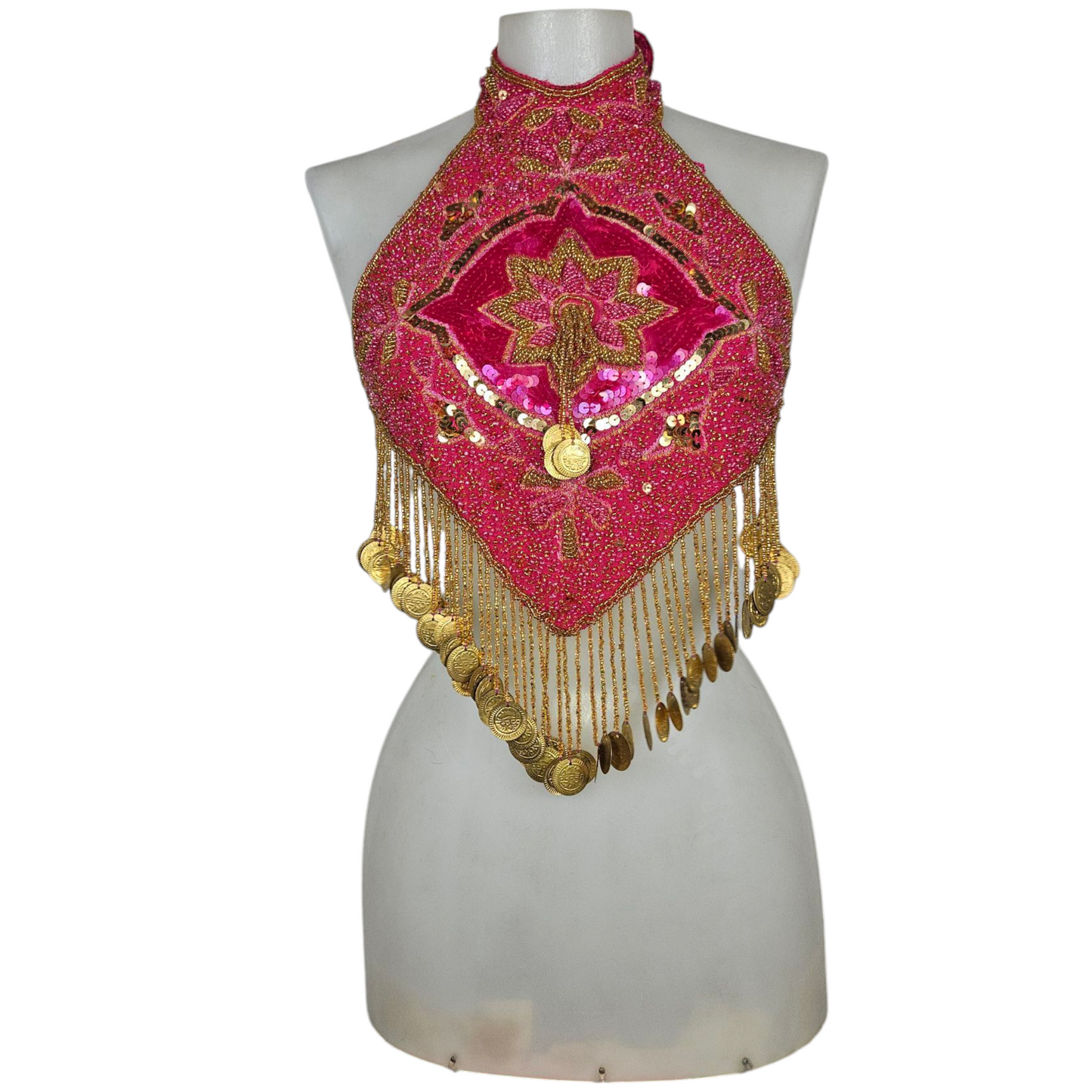 Dos nu brodé de perles et sequins rose et doré