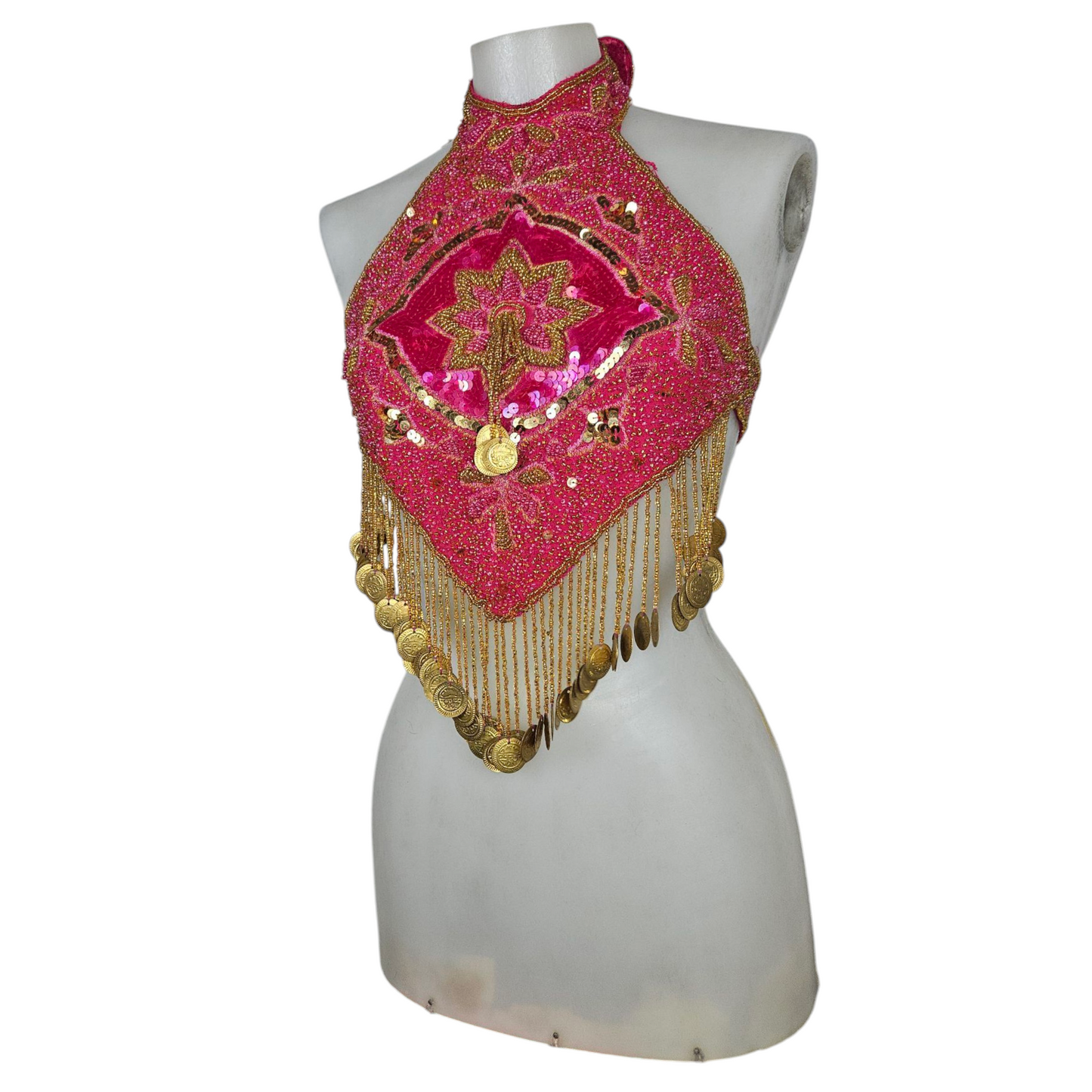 Dos nu brodé de perles et sequins rose et doré