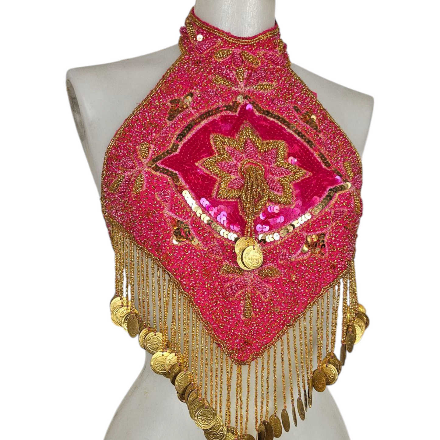Dos nu brodé de perles et sequins rose et doré
