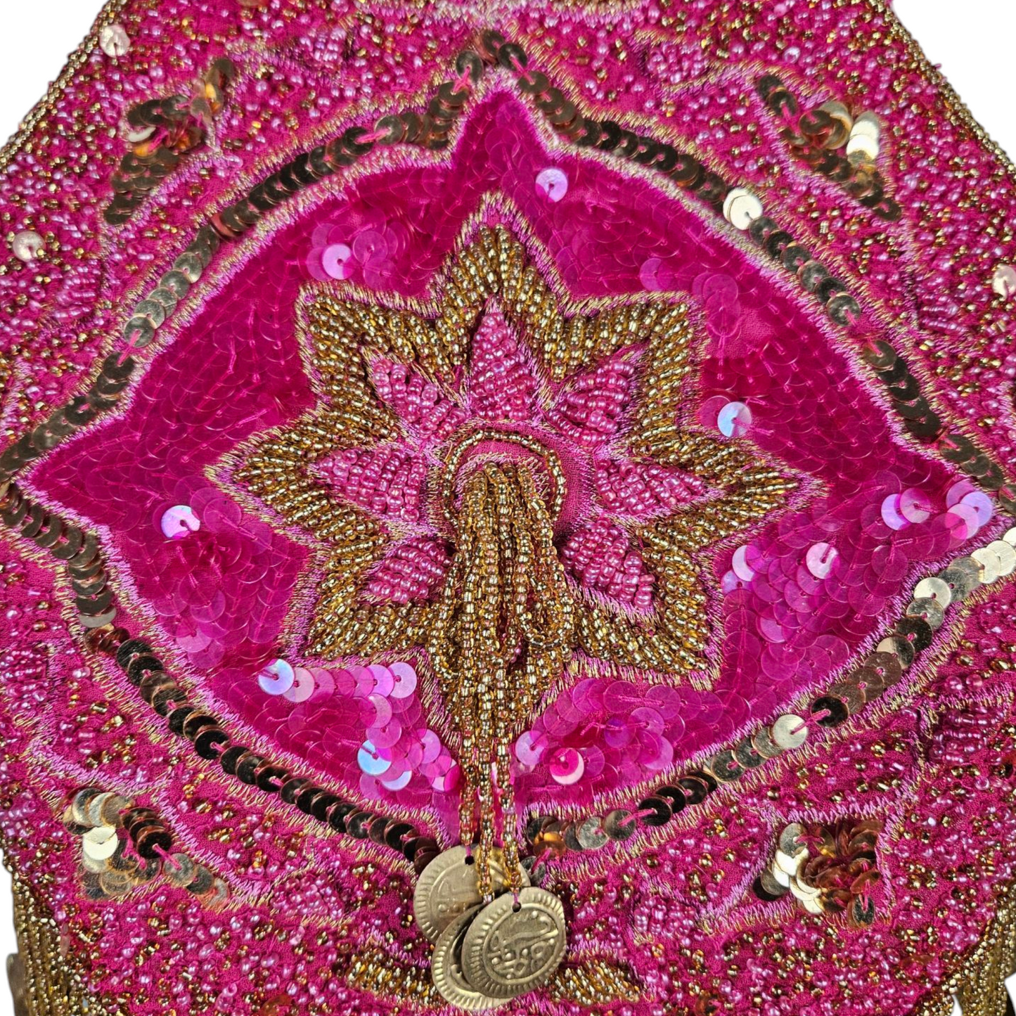 Dos nu brodé de perles et sequins rose et doré