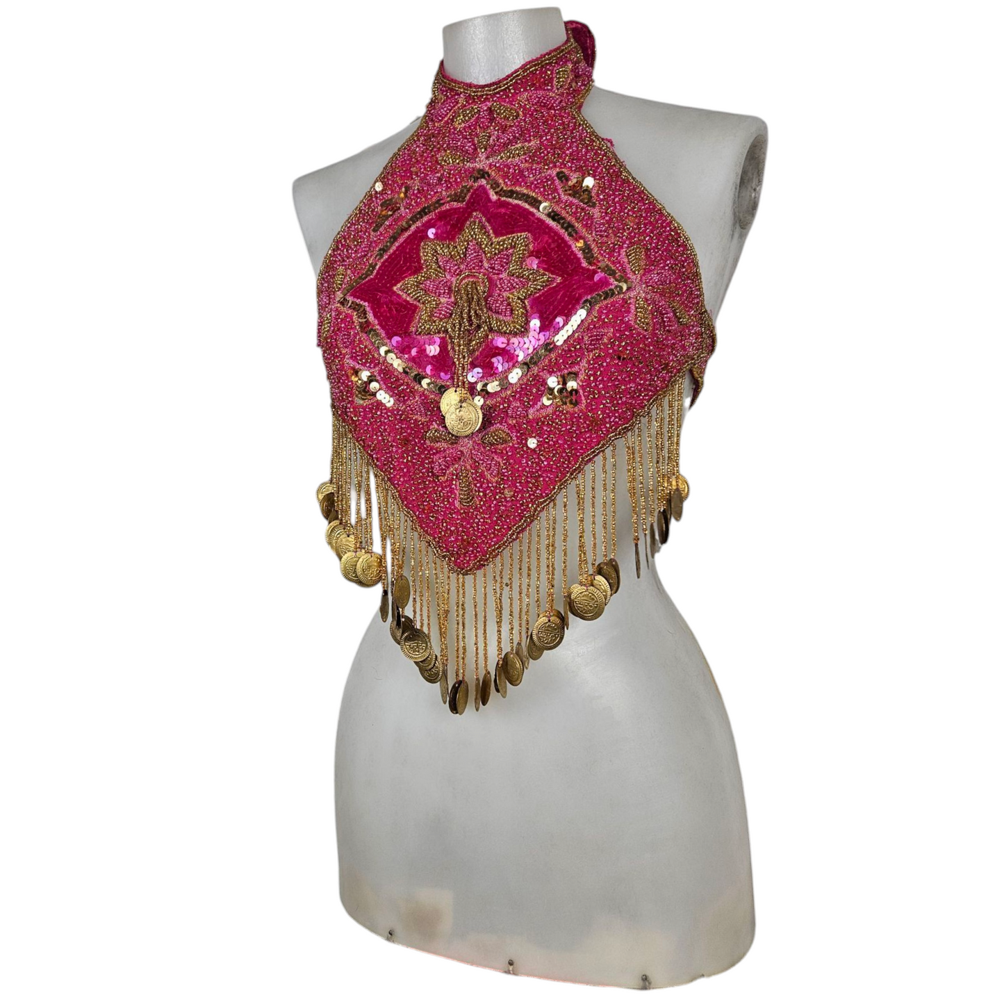 Dos nu brodé de perles et sequins rose et doré