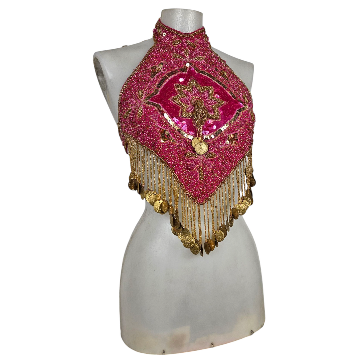 Dos nu brodé de perles et sequins rose et doré