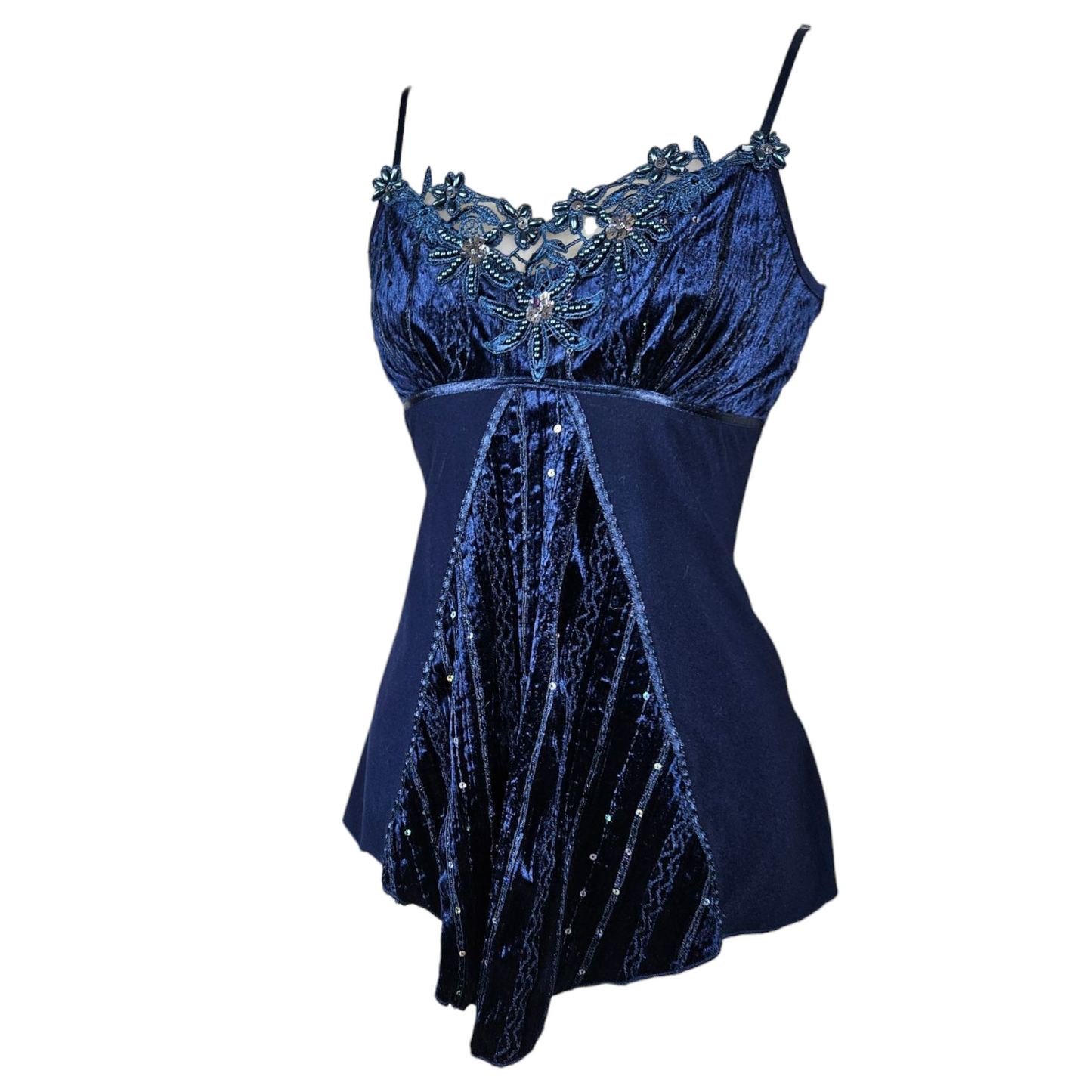 Asymmetrical top in embroidered velvet