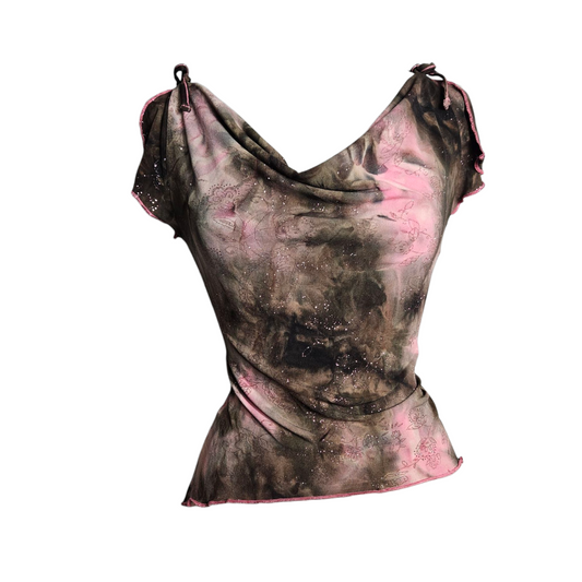 Pink and brown tie-dye cowl neck top
