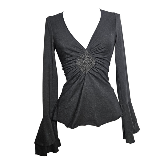 Flared sleeve top with embroidery
