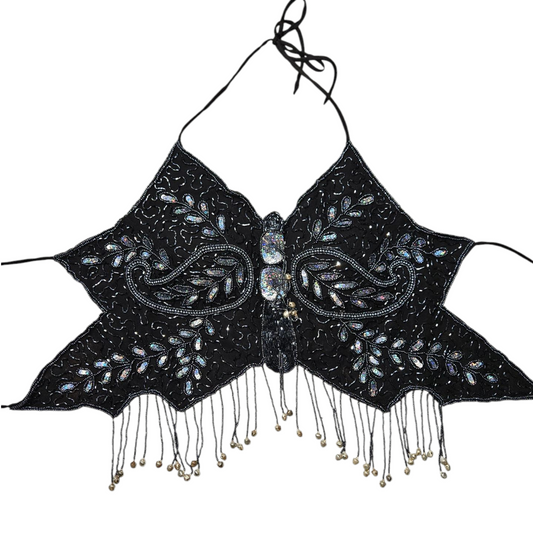 Dos nu papillon brodé de perles et sequins