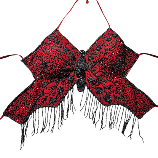 Dos nu papillon brodé rouge et noir
