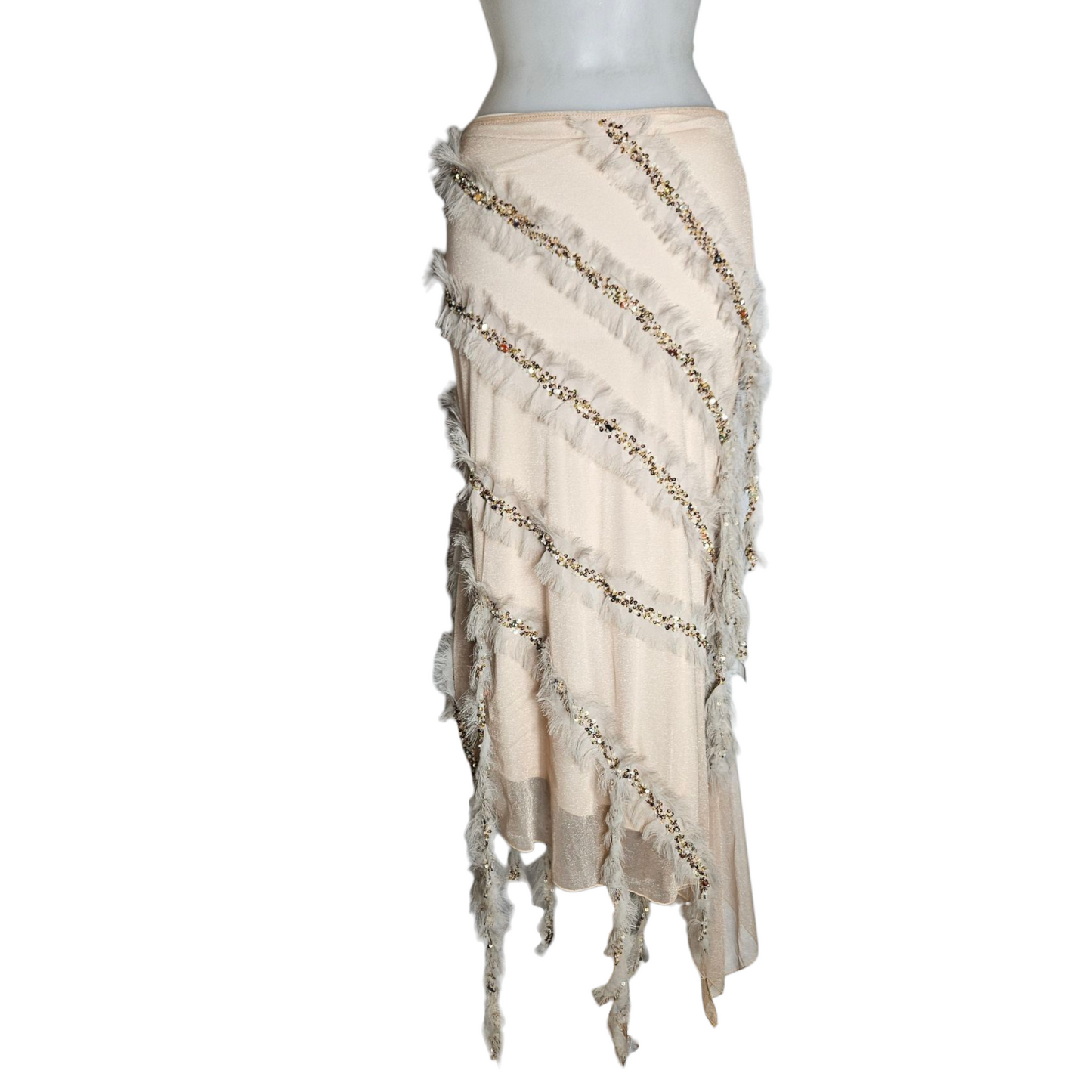 Asymmetrical skirt with feather and pearl details