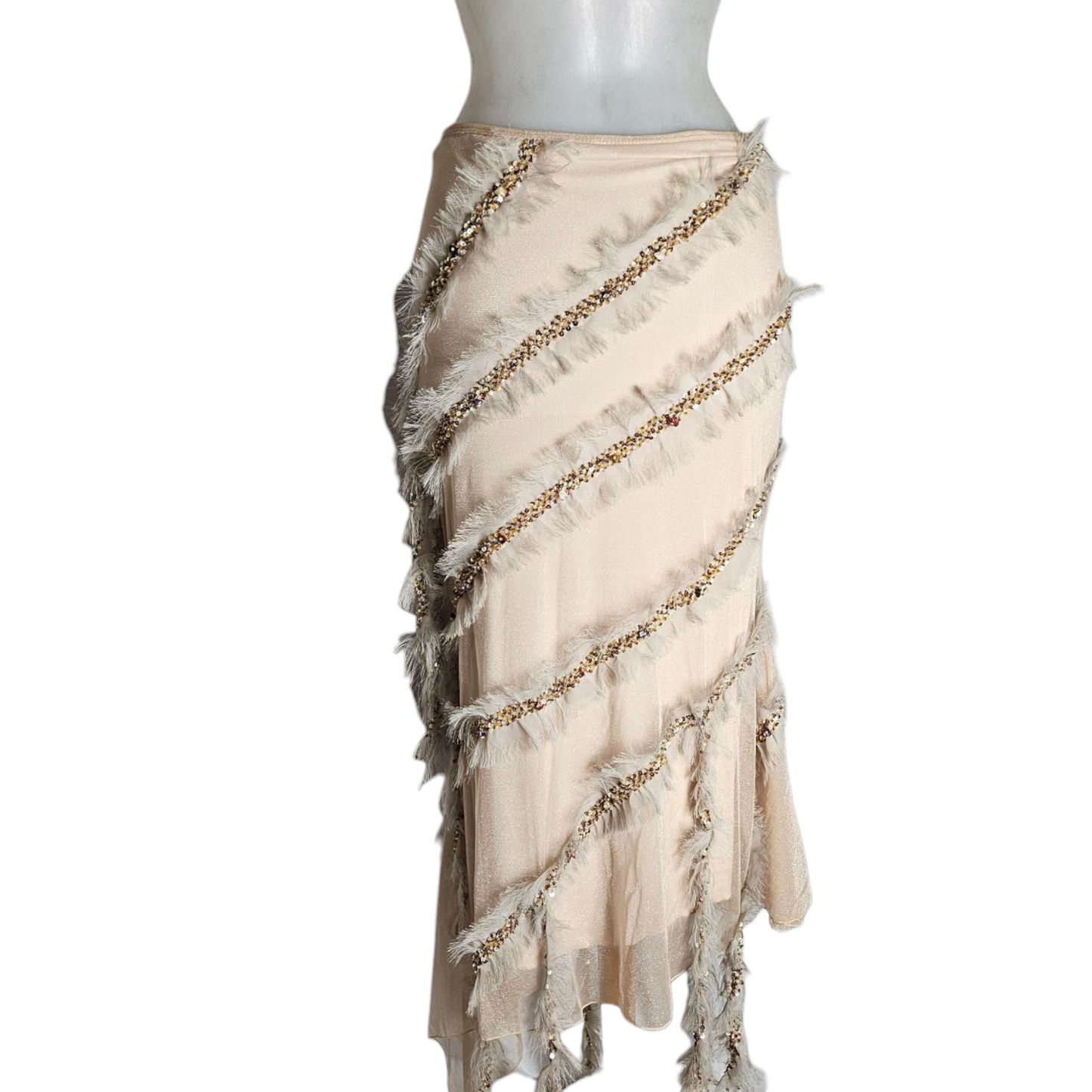 Asymmetrical skirt with feather and pearl details