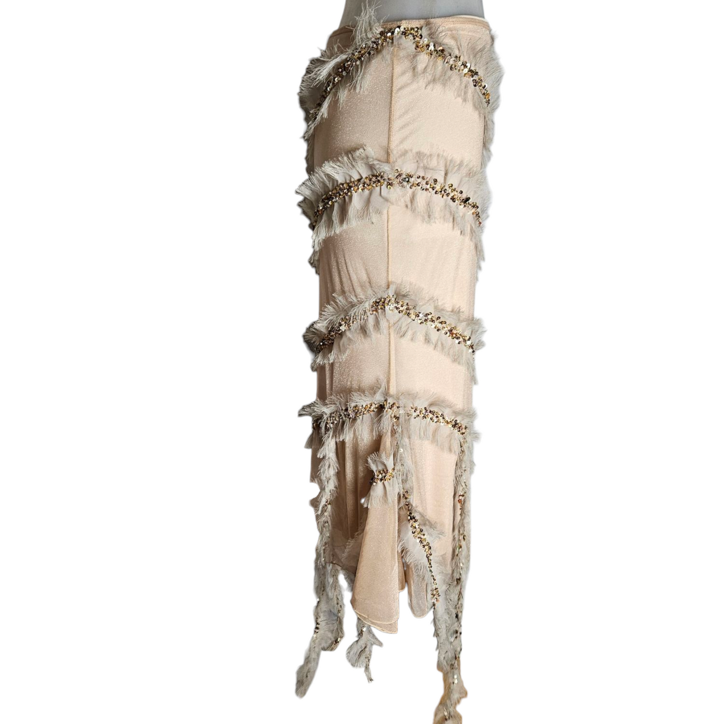 Asymmetrical skirt with feather and pearl details